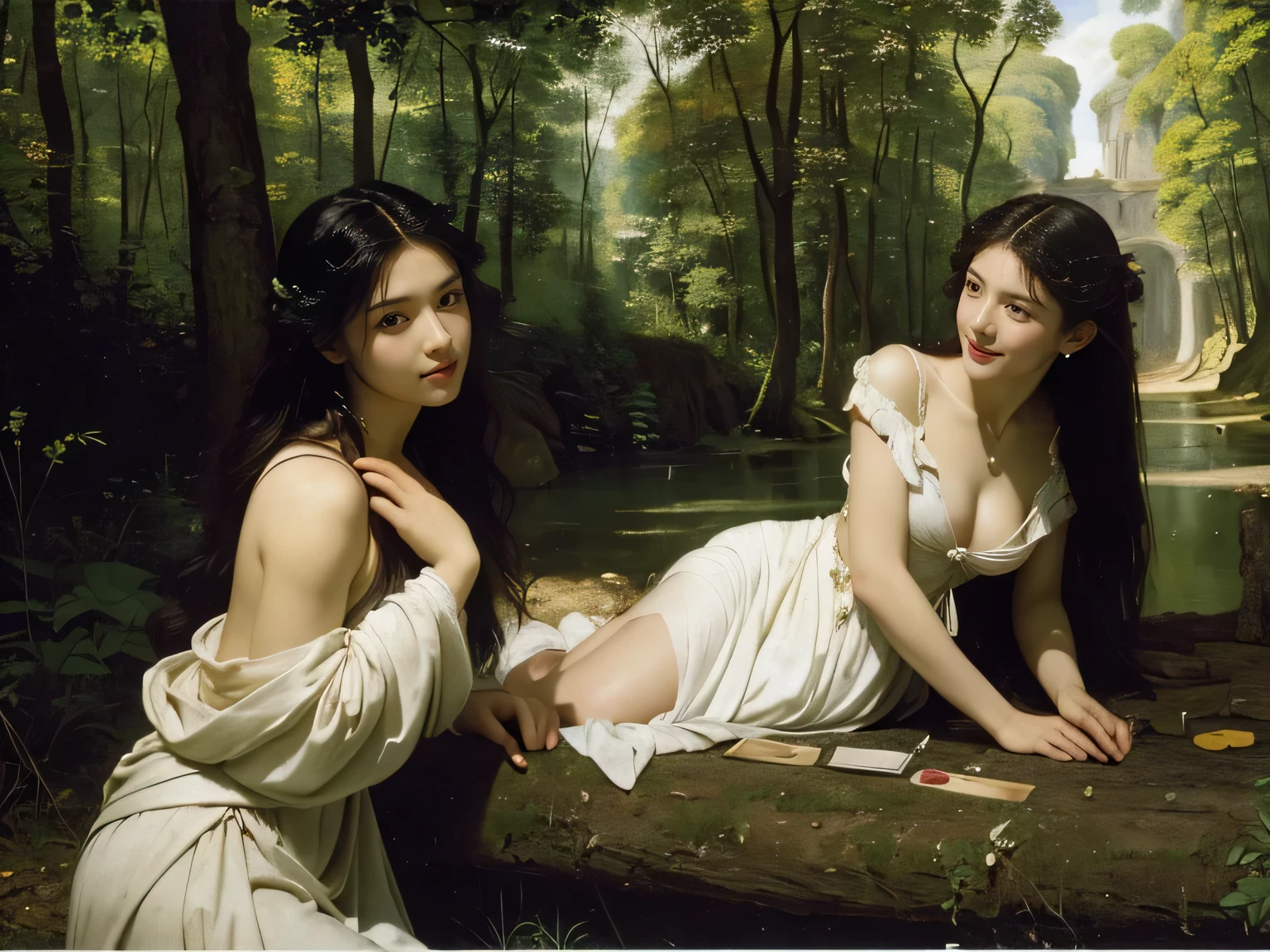 Giorgione painting style,Barbizon forest A beautiful woman in Greek dress smiles on the shore,Sweet and seductive appearance.、Caravaggio's paintings、Chiaroscuro of Caravaggio、hair tousled by the wind,Two women frolicking,cute smile, expression of ecstasy,Sexy,erotic, full body portrait