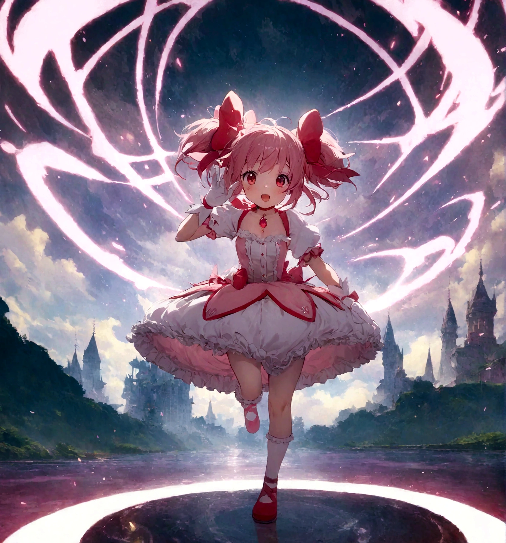 kaname_madoka\(Puella Magi Madoka Magica,magical girl style,pink twin tails hair,pink bows,open shoulder dress with frill,backward ribbon at neck,white grove,red juwel at middle of clavicle\) is standing with confused face in the center lost her way, showing full body to viewer, BREAK ,geometric and chaotic background with messy chaotic gothic shadow puppet castles,(in a very psychedelic nightmare), BREAK ,quality\(8k,wallpaper of extremely detailed CG unit, ​masterpiece,hight resolution,top-quality,top-quality real texture skin,hyper realisitic,increase the resolution,RAW photos,best qualtiy,highly detailed,the wallpaper,cinematic lighting,ray trace,golden ratio\),(long shot),wide shot,landscape,blured background,(art by Maurits Escher:1.3)