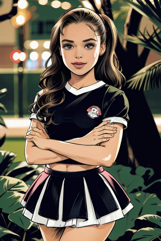 cheerleader,pequeno sorriso,cheerleader,cheerleader uniform, (((Obra de arte))), (((melhor qualidade))), ((ultra-detalhado)), (illustration), ((extremamente delicado e lindo)),(Bokeh,fundo desfocado),(melhor sombra), 1 garota,calcinha branca, cabelo preto, cabelo longo, kawaii,bonitinho,mudar, brilho Destaque Spot nos olhos, foco do personagem,Tilt your head,