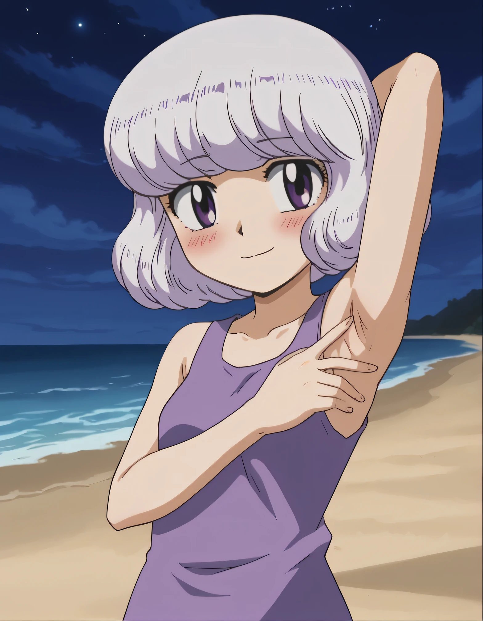 anime screencap, flat shadows BREAK shiho sannomiya, (cowboy shot:1.5), solo, night sky, beach, arm behind head, contrapposto, spread armpits, looking at viewer, best quality, closed mouth, shy, presenting armpit, hand on own armpit, blushing, smile, sleeveless,