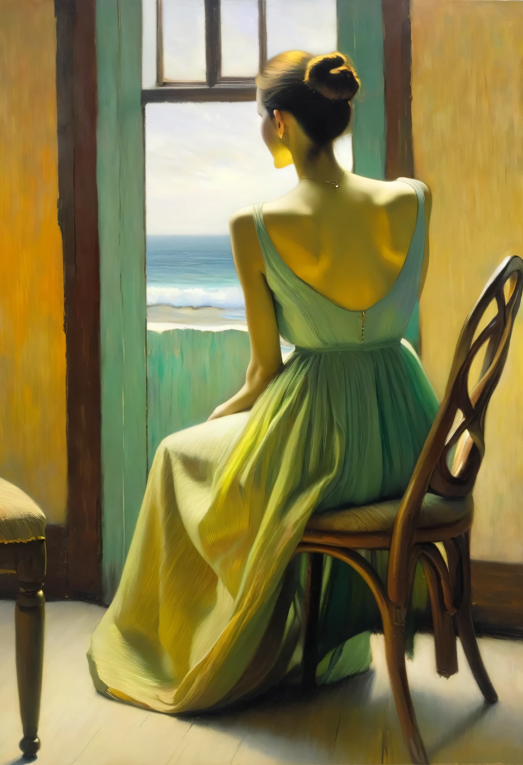 oil painting, A woman is sitting inside a room, em frente a uma janela olhando para o oceano, she has her back to the camera, cabelos castanhos longos, She is thin, estilo degas,