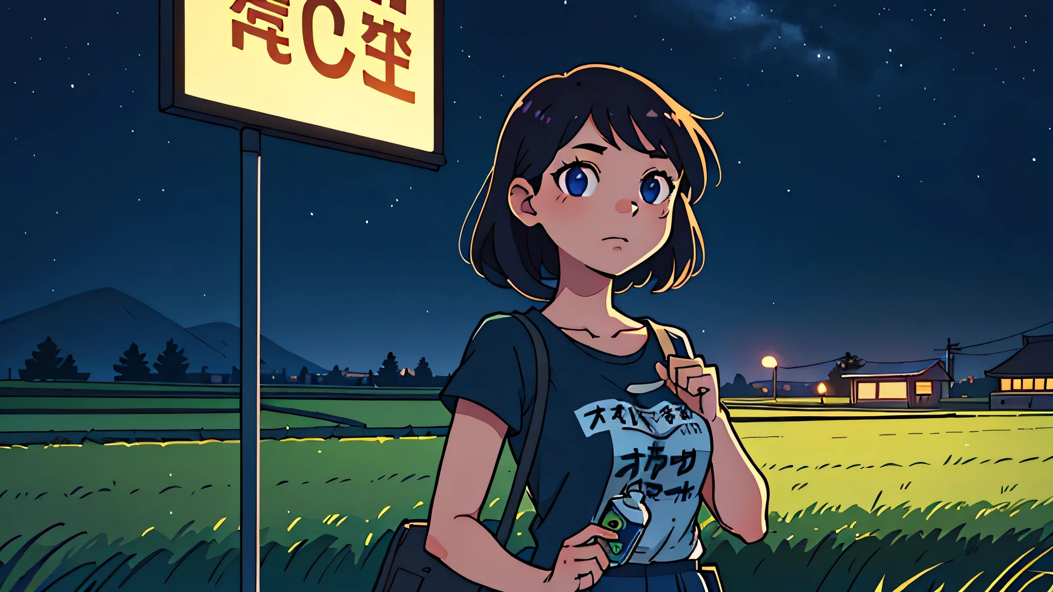 Girl in her 20s, vending machine, rice field, ((((night))), 80s, (Best Quality: 0.8), (Best Quality: 0.8), Perfect Anime Illustration, Dark Unclear Face, Glowing Eyes