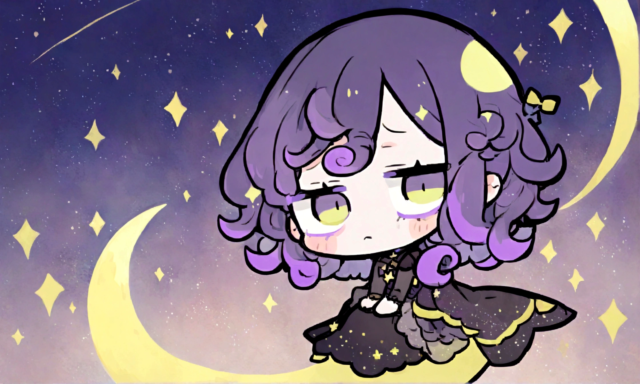 a sad little chibi witch with glasses on sitting on a crescent moon, has purple curly hair, is beautiful, gorgeous, perfect