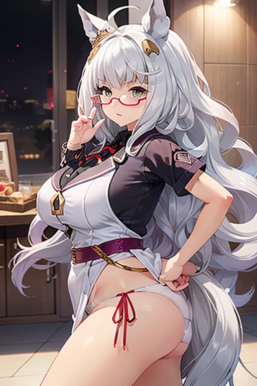 biwa hayahide \(umamusume\), under rim glasses, Sexy body, plump, big tits, sexypose, ((Lift skirt,White panties:1.1), nsfw