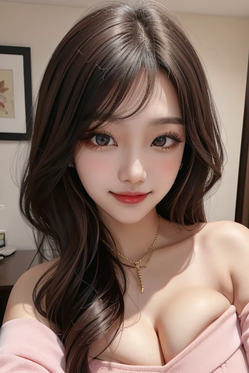 1 girl, 19 years old, south korean, 4k, masterpiece, perfect face, multiple frekles under eyes, long whavy brown hair, bowtie in head, pink eyes, red lips, red eyeliners, massively large breast, off shoulder pink top, tattoo on the neck, gold jewels, gold necklase, hand doing peace sign, wink with left eye, tilted head, happy, big smile, selfie, close shot, detailed face, facing camera.