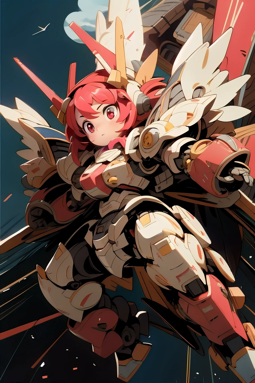 BREAK, ((masterpiece)), (((girl floating in the sky,))) vibrant colors, 8k, best quality, ultra detailed illustration, (large cute face), (short legs:1.2), high resolution, solo, Masterpiece, best quality, Mecha, perfect anatomy, ((from below)), bodysuit, red_eyes , chibi face, short hair, ((headgear)), robot joints, full armor, power armor, becoming a mecha, Fancy background, field, ((full body in frame, over size helm, flying, floating)), dynamic pose, fighting stance, ((low-angle)), ((low-angle view)), ((mechanical parts)), mechanical wings, (mechanical tail), mecha musume, full armor ,mecha musume, (RARS), (HRS), (full armor:2.0), (mecha armor:1.2) , (heroic parts:1.5), (huge shield:1.2), (battle-ready:1.2), (huge cannon:1.2), (huge-jetpack:2), (huger body:1.7), ((red coloring armor)), Heavy armament, heavy equipment, macro, close up, of the face, sharp focus, shining brightly hair, flawless skin textures, shiny oiled skin, extremely detailed anime eyes , extreme light and shadows, glowing eyes, (blue sky), white clouds, looking down, BJ_Cute_Mech,mecha musume, mechanical parts, mecha warrior, headgear, robot joints, full armor, becoming a mecha, ((looking down, glowing eyes)), colorful eyes