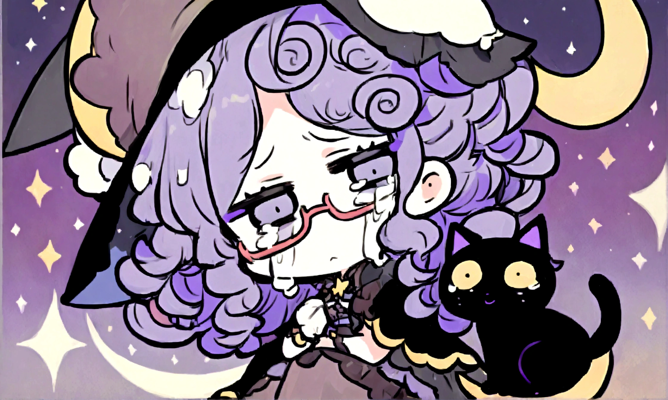 a sad little chibi witch with glasses on sitting on a crescent moon, has purple curly hair, is beautiful, gorgeous, perfect, crying, has a witches hat on, has a black cat