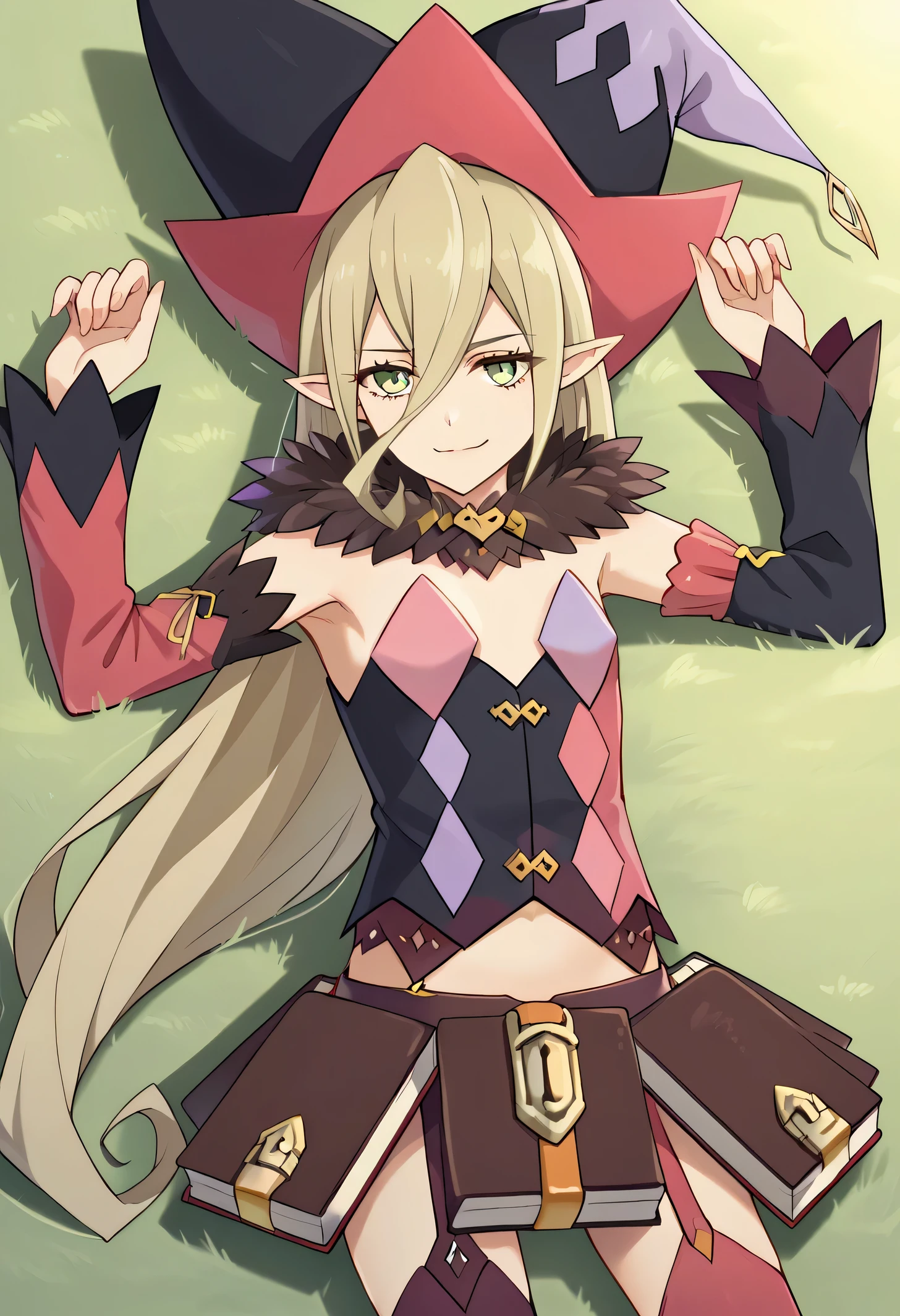 Magilou, source_anime, 1girl, solo, pointy ears, very long hair, hair between eyes, witch hat, fur collar, multicolored vest, strapless, detached sleeves, mismatched sleeves, book skirt, asymmetrical legwear, thighhighs, garter straps, looking at viewer, closed mouth, solo, lying, on back, arms up, spread arms, on grass, looking at viewer, best quality, smile, (cowboy shot:1.5),