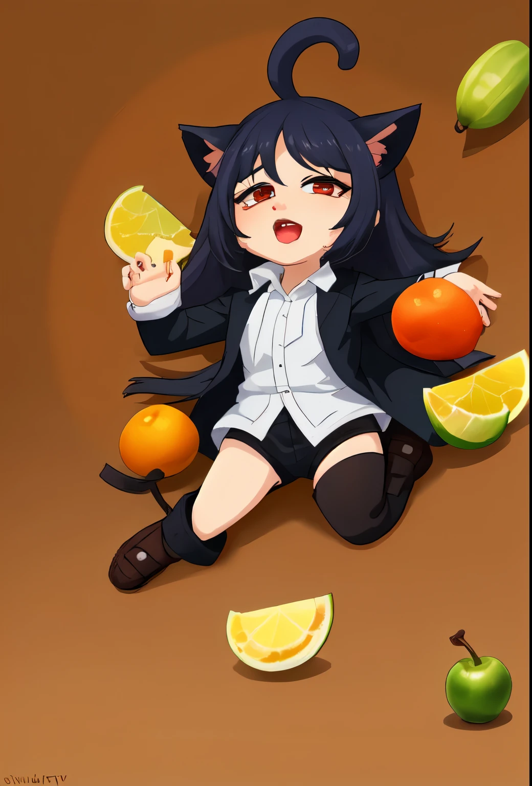 puntaje_9, puntaje_8_arriba, puntaje_7_arriba, fuente_animado, fondo sencillo, Fondo blanco, 2 ago, multiple views, chibi, solo, 1 chica, (junkotvv pelo negro con flequillo, orejas de gato, ojos rojos), htcerberus, Lengua fuera, sosteniendo fruta, rodaja de limon, pelo blanco, Cabello largo recogido bajo, orejas de animales, camisa roja, mangas largas, Liga de brazo, guantes negros, Chaleco negro