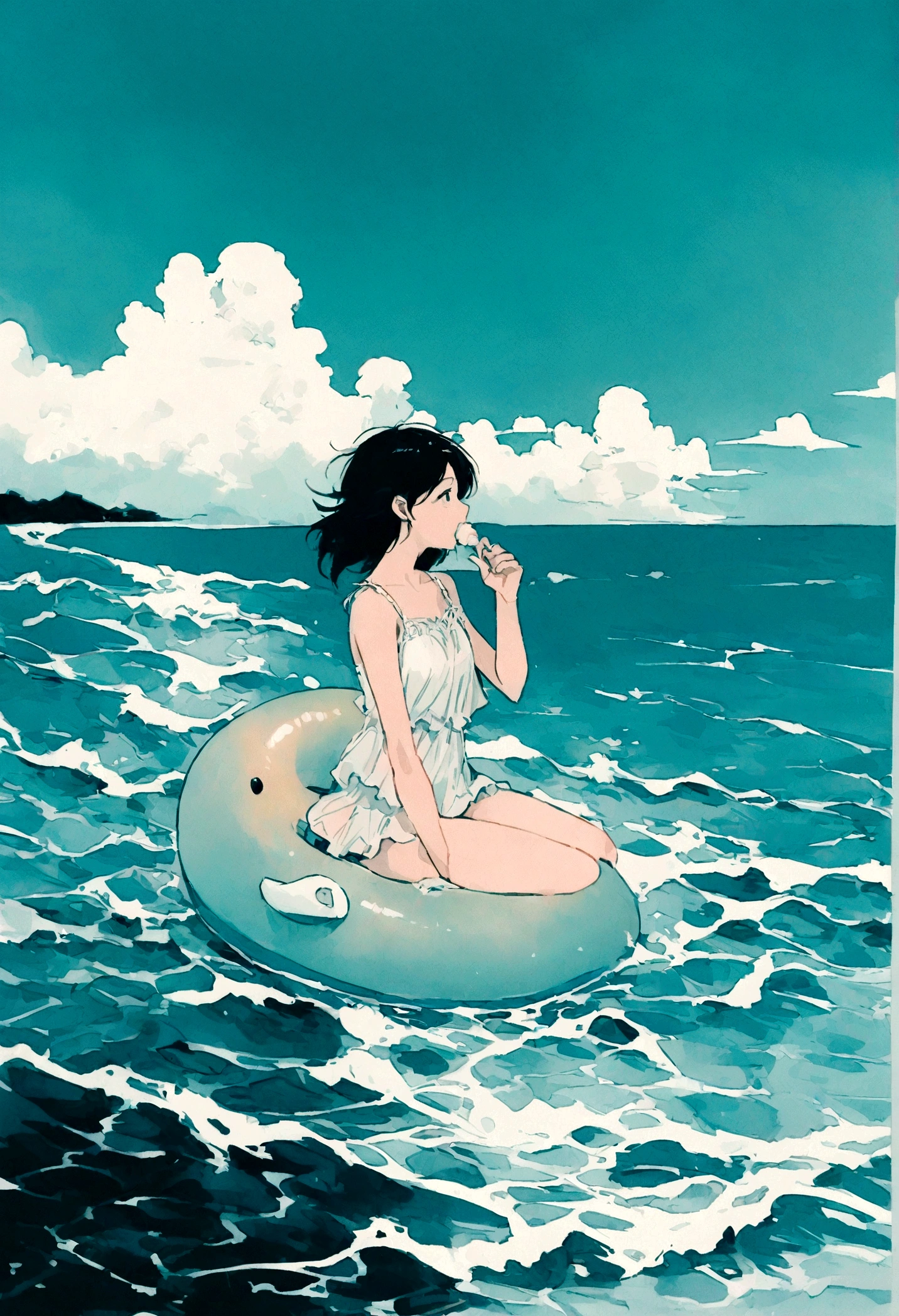 The sea where shells and starfish are clearly visible, Blue sky with clouds, Woman eating ice cream on a duck buoy in the middle of the ocean, far, the wind is strong, Mood Summer Cold, Tone Color Film