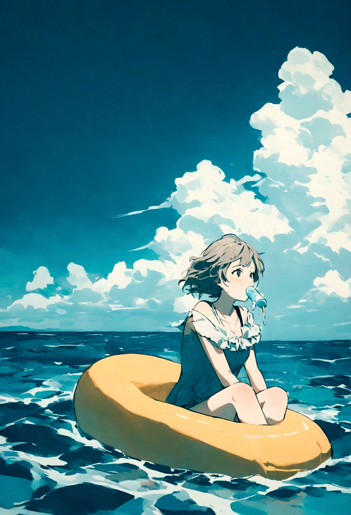 The sea where shells and starfish are clearly visible, Blue sky with clouds, Woman eating ice cream on a duck buoy in the middle of the ocean, far, the wind is strong, Mood Summer Cold, Tone Color Film
