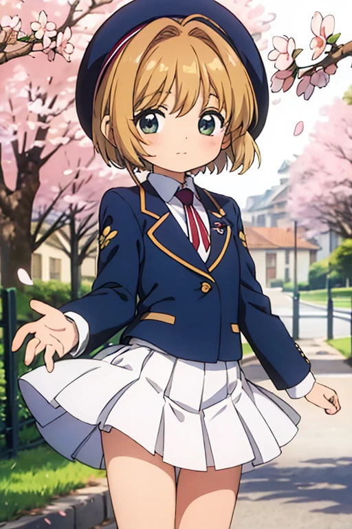 masterpiece, highest quality, High resolution,kawaii, anime, Cute,Cherry blossom park,1 boy dressed as a woman, Age is 7 years old,Are standing,short bob hair,Dark brown hair,Navy blue blazer with trim,Pleated skirt in dark colors,wearing socks,Wearing school-designated pumps,happy expression,soft atmosphere, Beautiful background,looking at the camera,Cherry blossom petals are scattered,Frame it with cherry blossoms,Cowboy Shot,Navy blue blazer with white trim,The wind has blown her skirt up,Wearing a striped tie,Nothing on the head