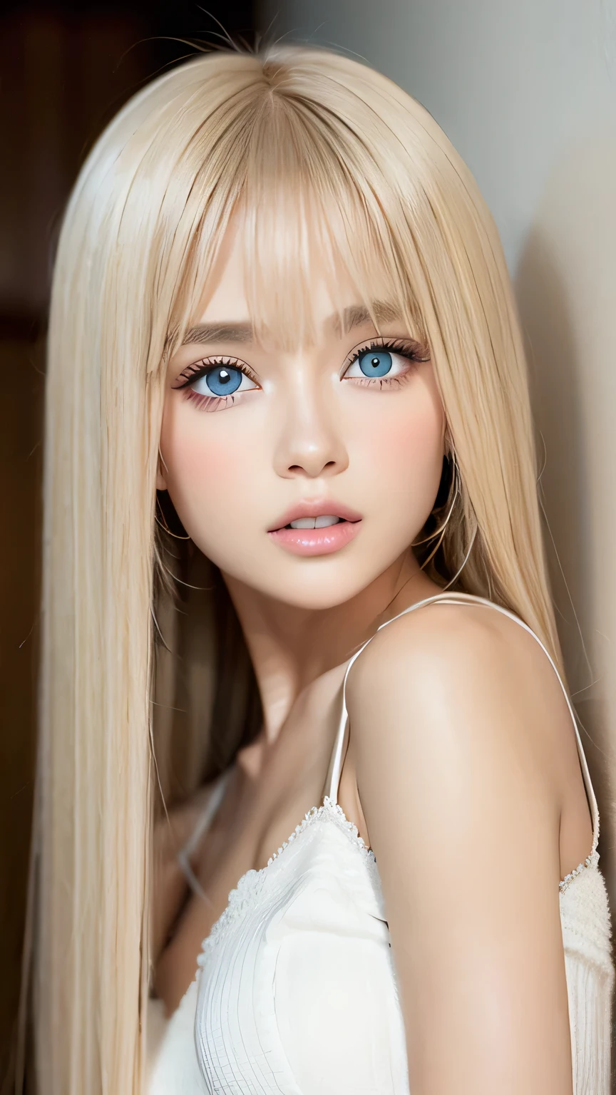 True Photo Quality、Extraordinary sexy beauty、Beautiful calm and bright expression、Sexy refreshing look、Long bangs that fall on a perfect beautiful cute face、Super long platinum blonde straight silky hair、blonde on a beautiful face、Very cute beautiful sexy young little woman、Very perfect beautiful cute face、Beautiful bright sky blue eyes、Very big eyes、Hair above the eyes、片Hair above the eyes、Hair between the eyes、Very radiant white skin、Cheek gloss