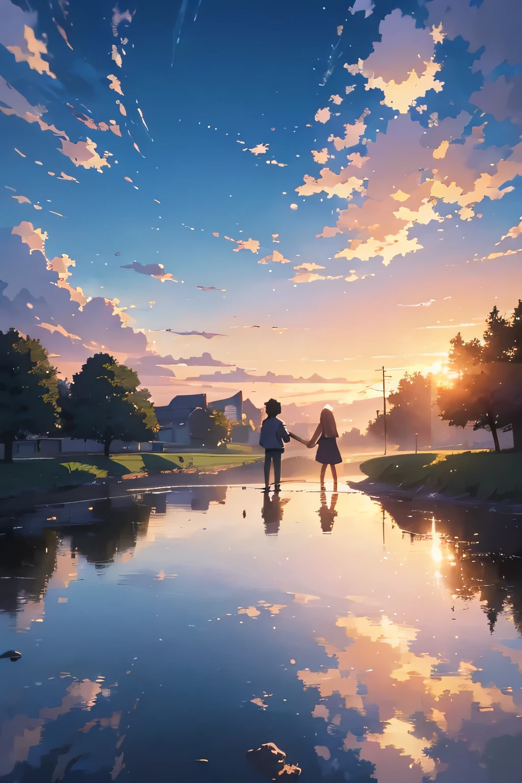 High quality masterpiece,noon,countryside,Boy and girl holding hands,The sky explodes, landscape,Pixiv, Concept Art, Lofi Art style, reflection. by makoto shinkai, Lofi Art, Beautiful anime scene, break Anime landscape, detailed landscape — width 672, in Makoto Shinkai&#39;style, Makoto Shinkai&#39;style, Enhanced detailed, break,detailed,Realistic,Highly detailed digital art in 4K,Octane Rendering, Bioluminescent, break 8K resolution Concept Art, realism,From Mappa Studio,masterpiece,highest quality,Official Art,shape,Clear lines,(Nice_color),Perfect composition,Absurd, Fantasy,concentrate,Three-part method