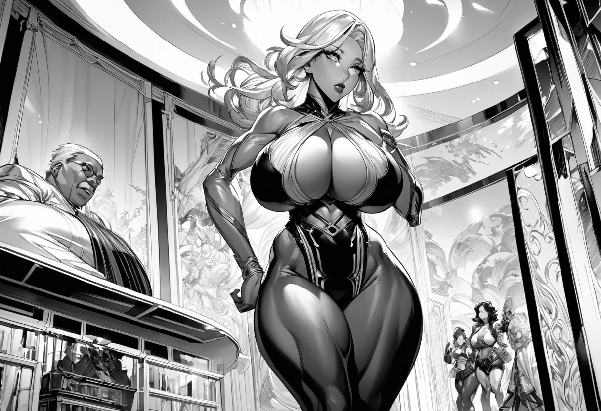monochromatic drawing, photorealistic, hyperrealism, adult manga panel, impact frame, monochrome, by leyendecker, scene, cowboy shot, solo, dark skin, light hair, jazz age streamline, big gigantic hips, hyper thighs, narrow waist, hyper legs, gigantic breasts, small waist, long legs, thin waist, big calves, wasp waist, thick calves, thin sillhouette, thick lips, ab etching, skinny silhouette, emotional, good hands, intricate, high detail, reflective leg sleeves, clean stylish look, detailed face, detailed background