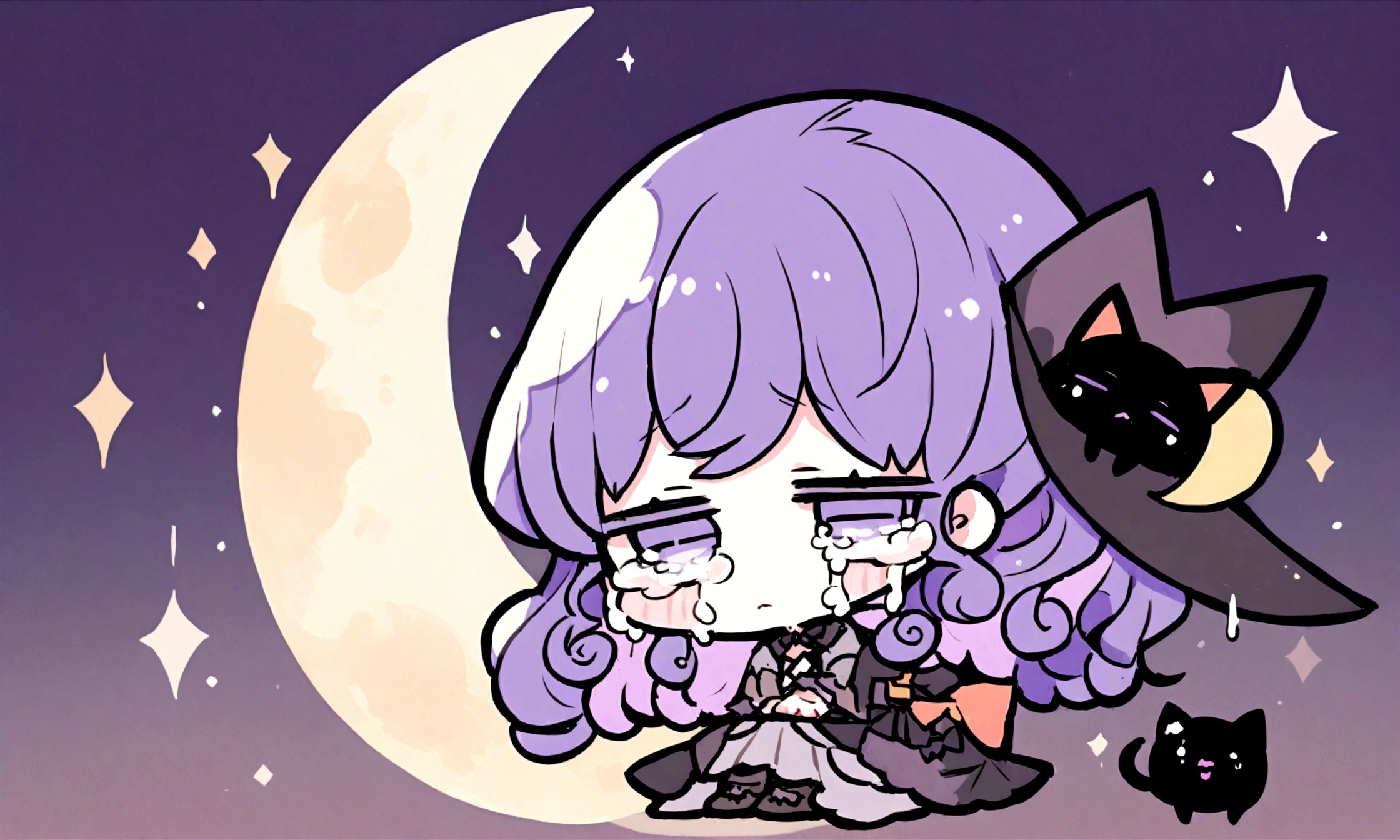a sad little chibi witch with glasses on sitting on a crescent moon, has purple curly hair, is beautiful, gorgeous, perfect, crying, has a witches hat on, has a black cat