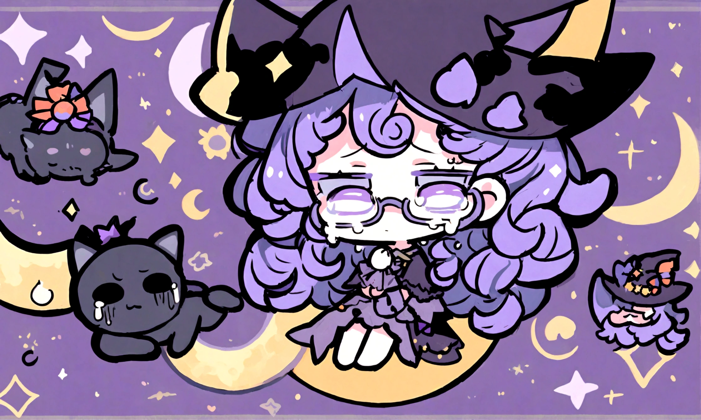 a sad little chibi witch with glasses on sitting on a crescent moon, has purple curly hair, is beautiful, gorgeous, perfect, crying, has a witches hat on, has a black cat