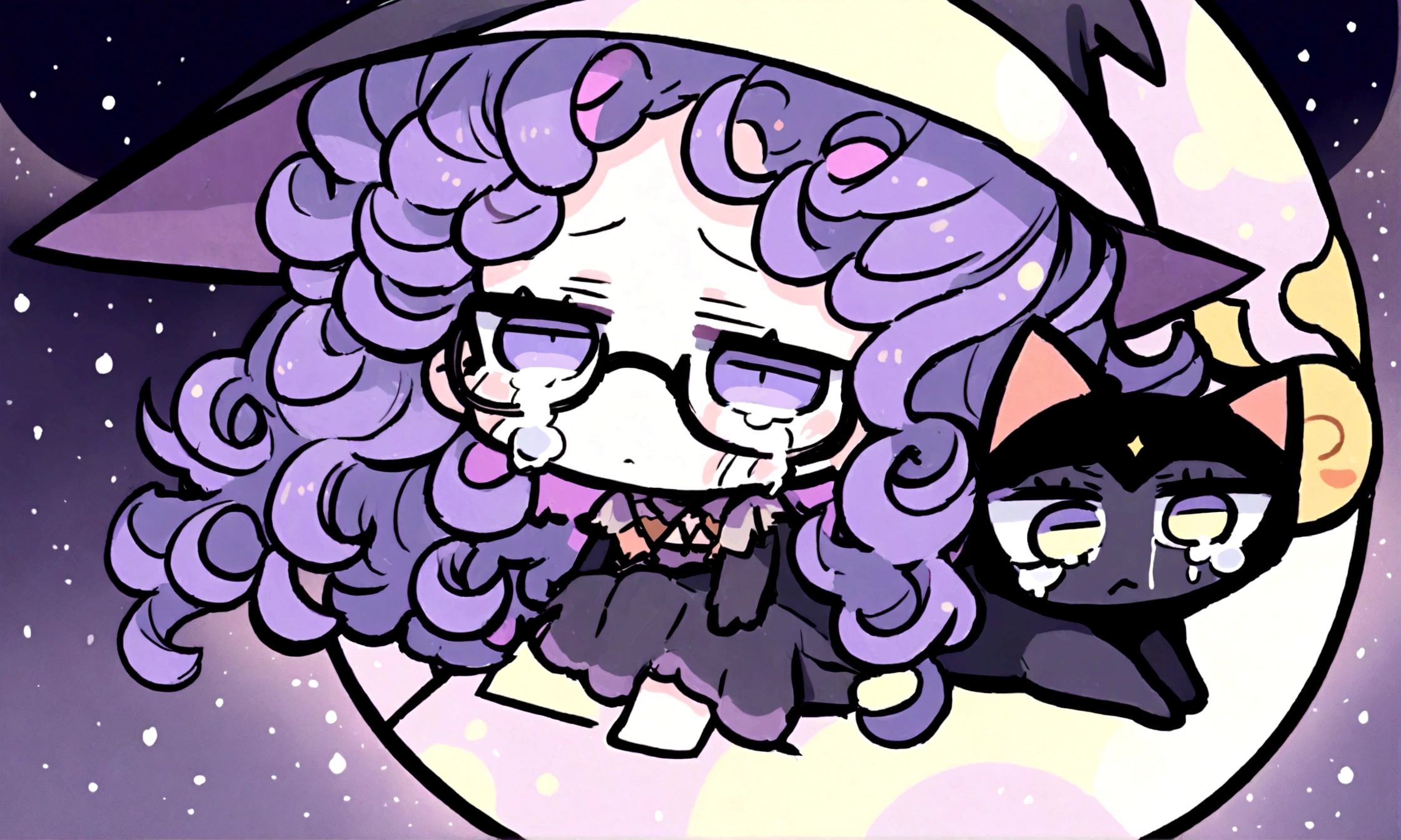 a sad little chibi witch with glasses on sitting on a crescent moon, has purple curly hair, is beautiful, gorgeous, perfect, crying, has a witches hat on, has a black cat