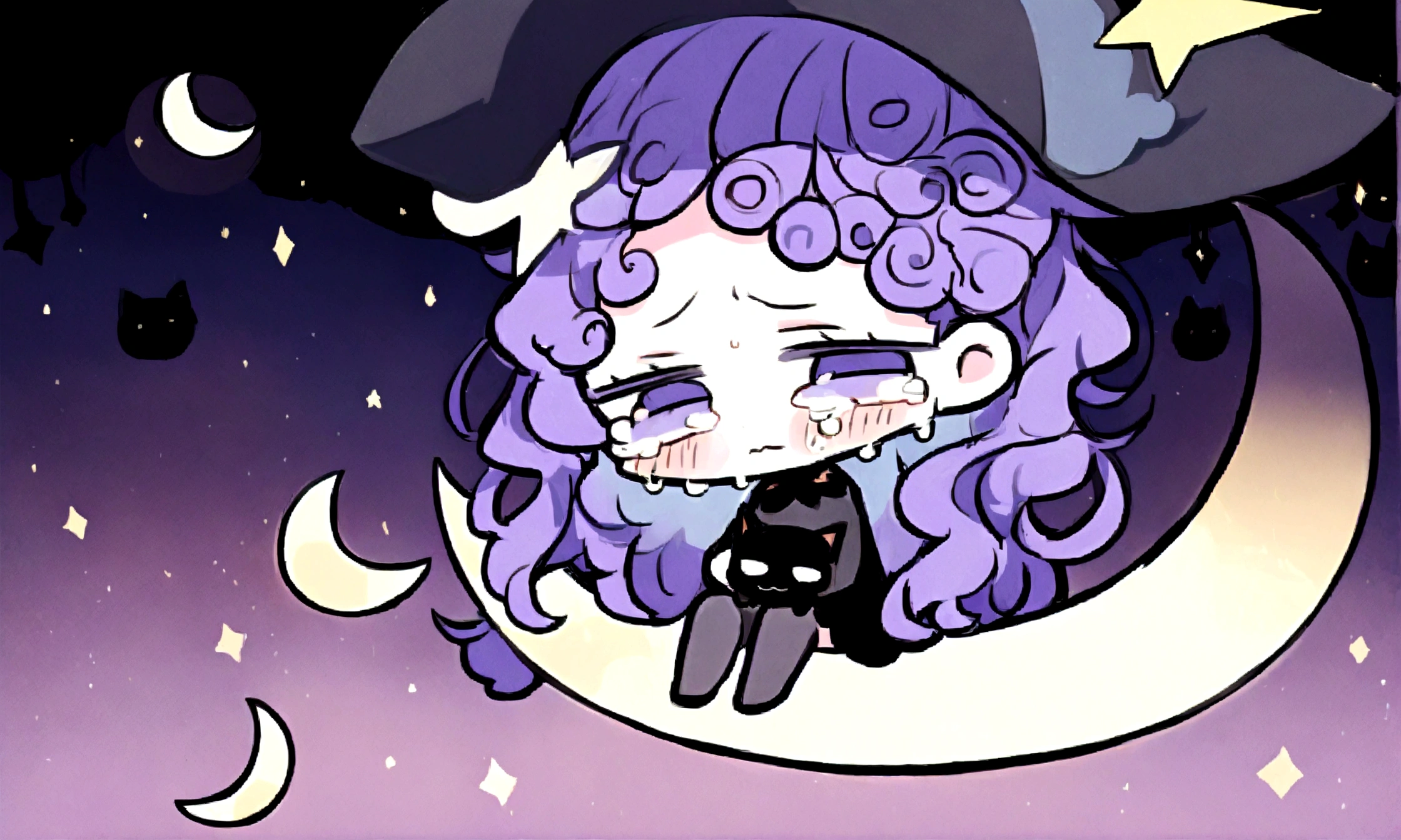 a sad little chibi witch with glasses on sitting on a crescent moon, has purple curly hair, is beautiful, gorgeous, perfect, crying, has a witches hat on, has a black cat