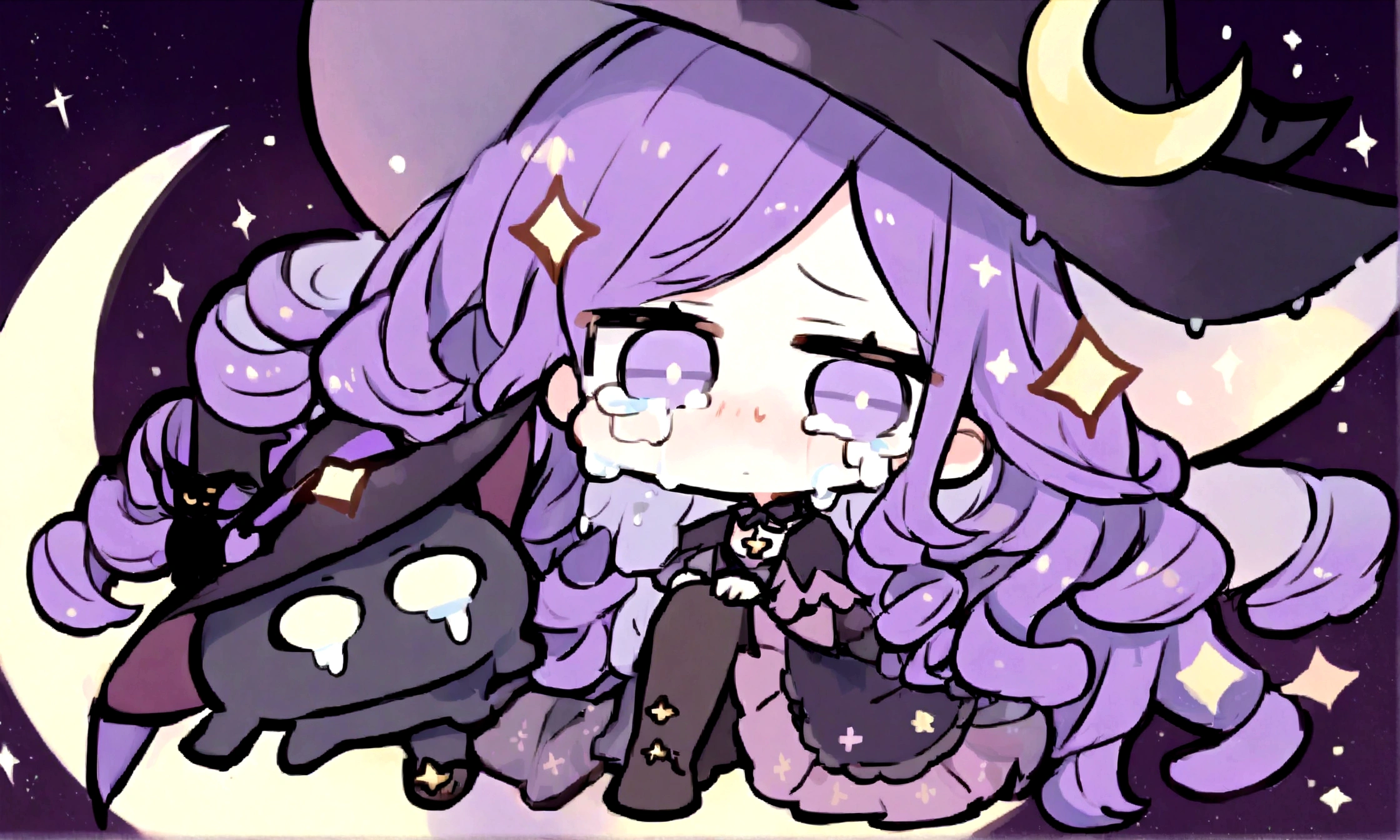 a sad little chibi witch with glasses on sitting on a crescent moon, has purple curly hair, is beautiful, gorgeous, perfect, crying, has a witches hat on, has a black cat