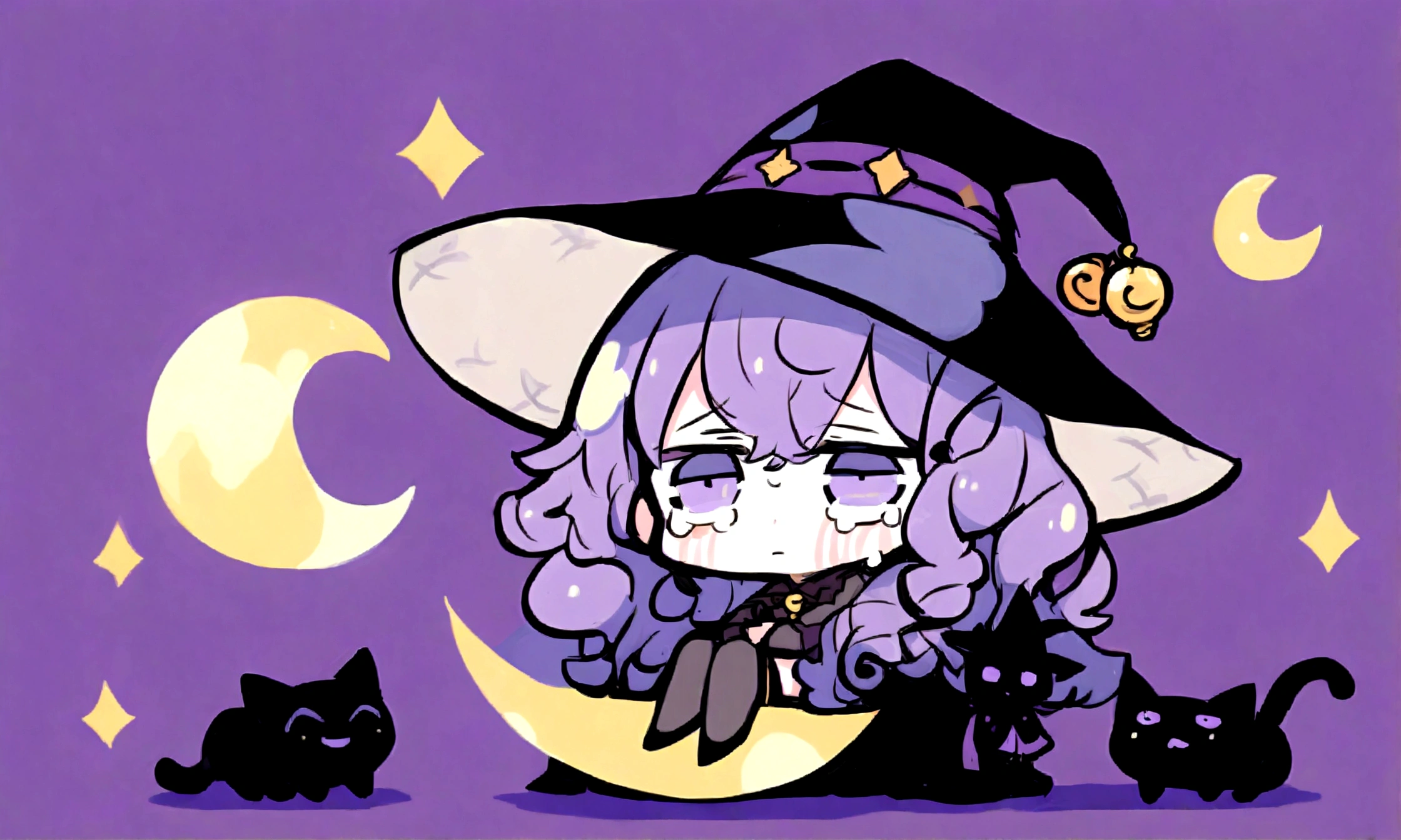 a sad little chibi witch with glasses on sitting on a crescent moon, has purple curly hair, is beautiful, gorgeous, perfect, crying, has a witches hat on, has a black cat