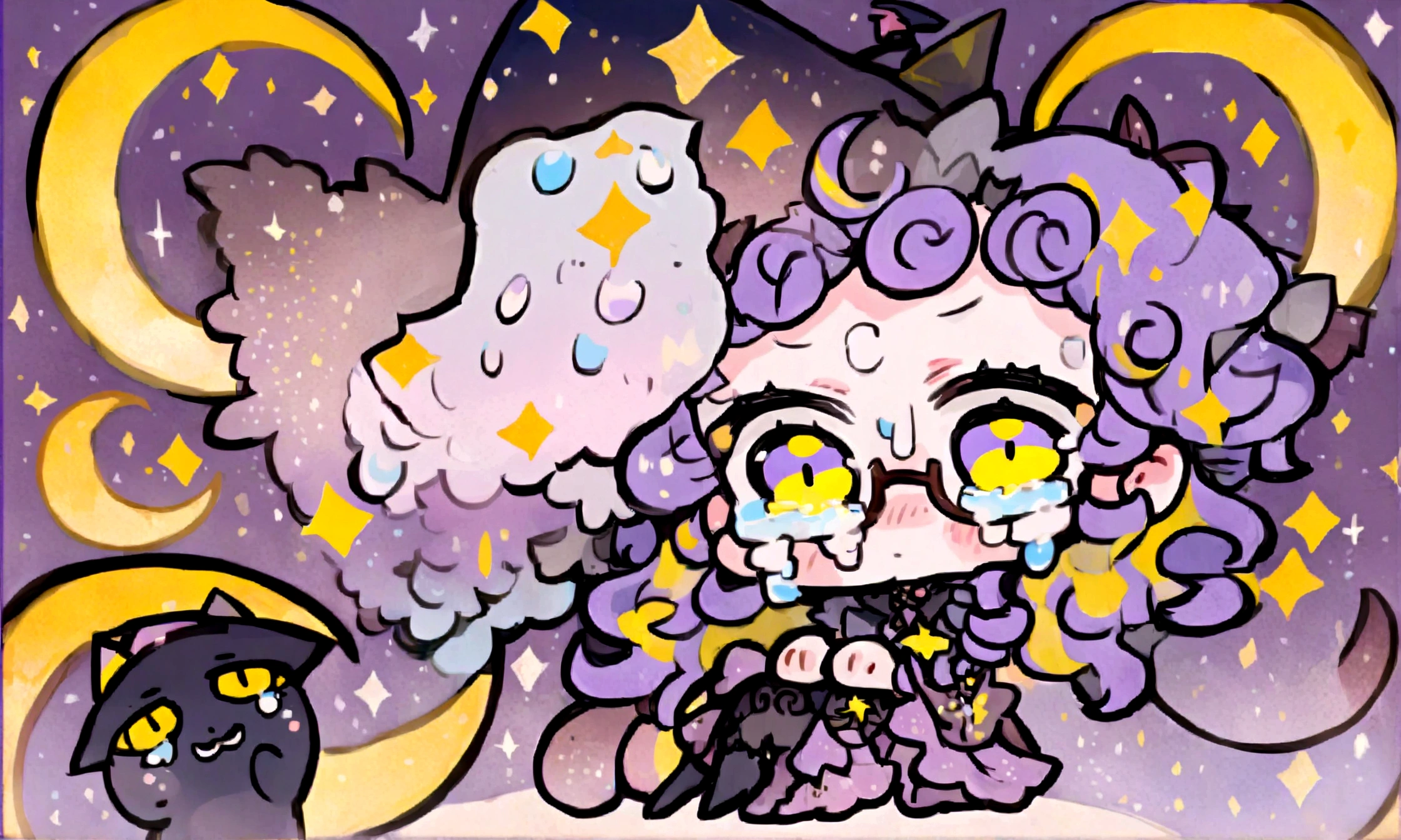 a sad little chibi witch with glasses on sitting on a crescent moon, has purple curly hair, is beautiful, gorgeous, perfect, crying, has a witches hat on, has a black cat