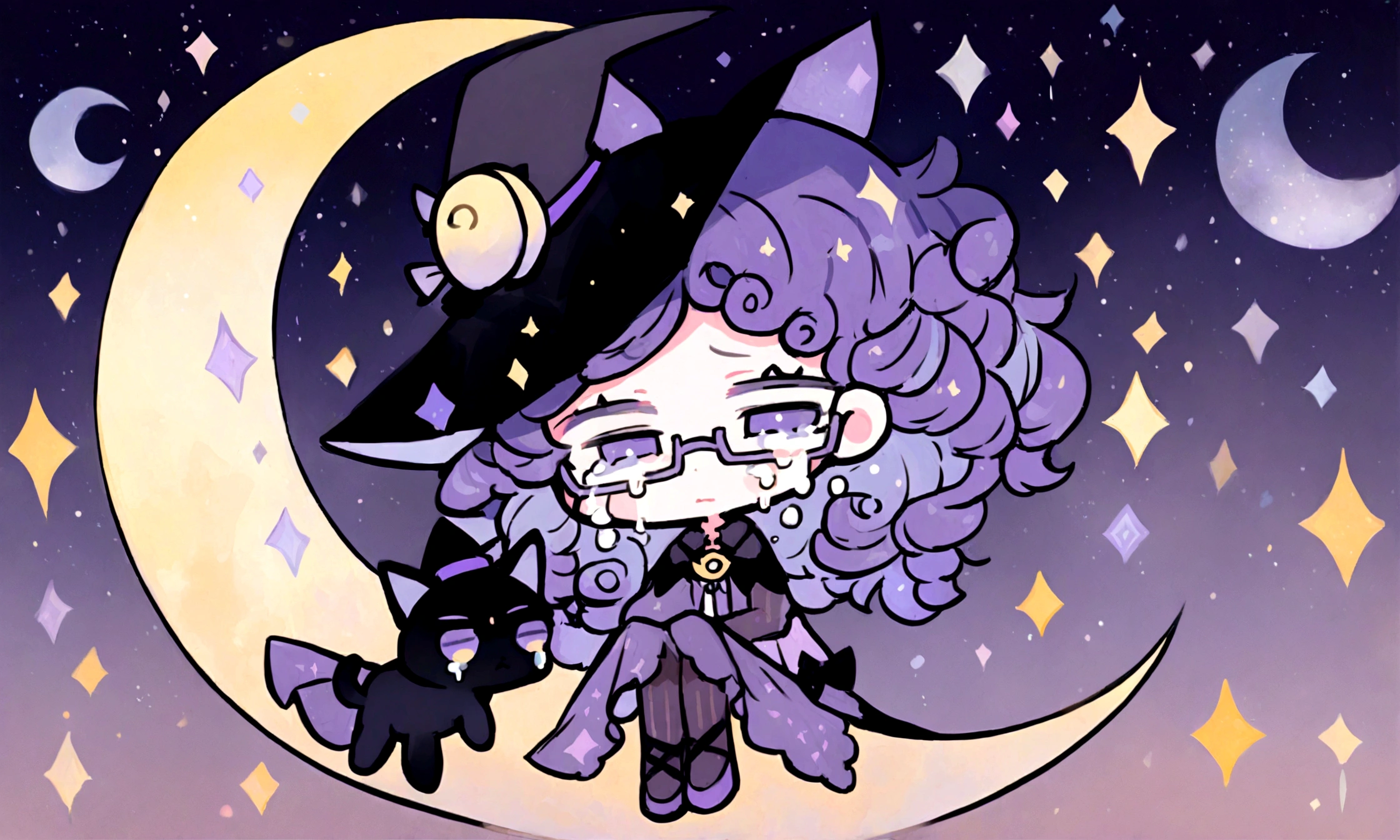 a sad little chibi witch with glasses on sitting on a crescent moon, has purple curly hair, is beautiful, gorgeous, perfect, crying, has a witches hat on, has a black cat