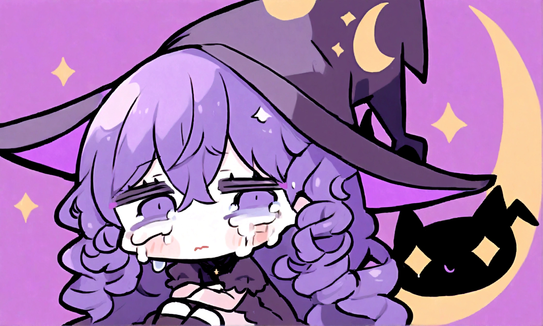a sad little chibi witch with glasses on sitting on a crescent moon, has purple curly hair, is beautiful, gorgeous, perfect, crying, has a witches hat on, has a black cat