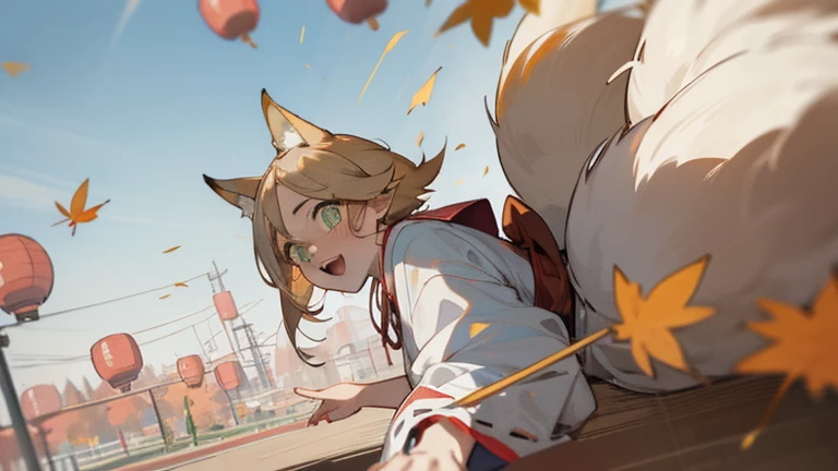 (masterpiece, best quality) detailed,Pretty Face、beautiful eyes ,Fox ear beauty, looking at the audience, look back, blush, From the back, open mouth, Smile,Red and white miko kimono ,Short silver hair ,elegant, (Fox ears),Red Eyeshadow, ,whole body,dynamic action,shy smiley face,Look from the bottom up,Background filled with sky lanterns,falling maple leaves