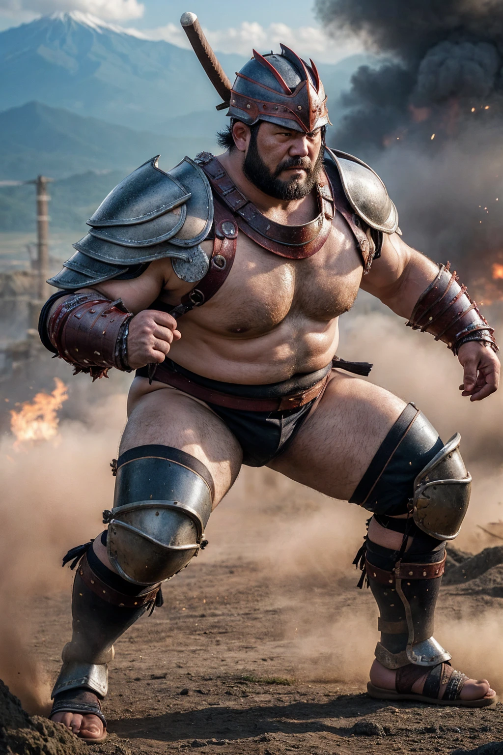 looking at me, face focus, a fat gentle barbarian, He is a Japanese, mid combat, leather armor, legs exposed from thighs to feet, fierce, battleground background, masterpiece, volumetric lighting, Dramatic,