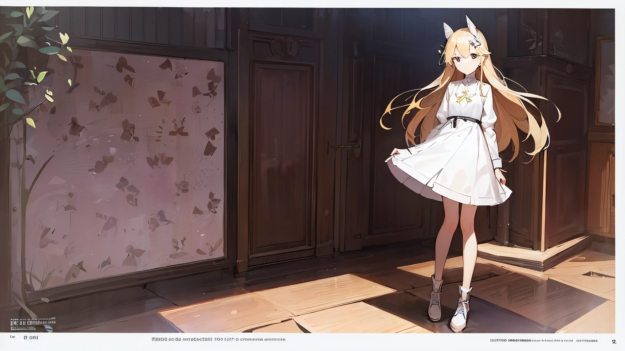 A twelve-year-old girl with long blond hair,There is a butterfly-shaped hairpin on the right side of her hair.,Wearing a long-sleeved white dress。Wearing a cross star necklace around her neck