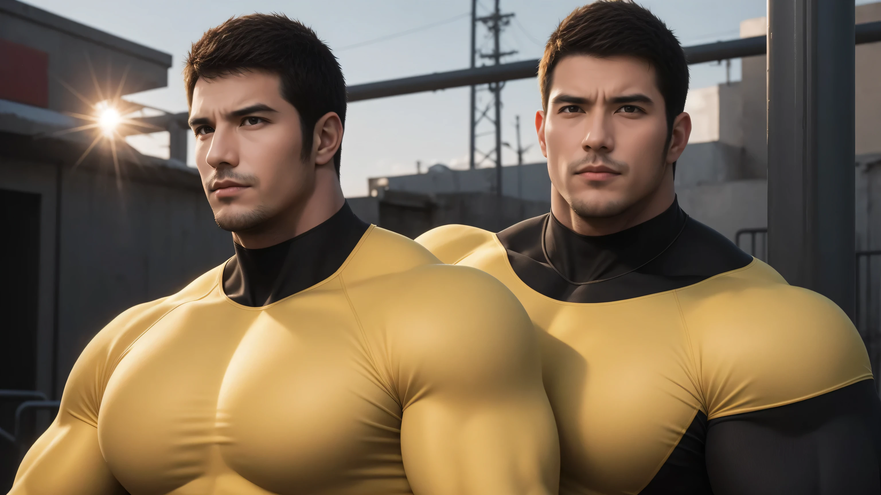 Super muscular man hugging, Open mouth and scream,Look at each other affectionately,They hugged each other affectionately,Buzz Cut,On the old-style outdoor street under the hot sun, Wear a long-sleeved, deep turtleneck bodysuit, Thickened warm elastic texture,Clothes are very dirty with mud stains,The expression is arrogant, Thick thighs, Messy hair, Thick thighs, High-necked long-sleeved dark yellow high-necked tights, very tight, Regular symmetrical pattern, Highlight muscles, Police uniform pants, character concept(Resident Evil - Chris Redfield, Chris Redfield)A proud expression, Deep and charming eyes, Heroic male pose, tall Burly, muscular!muscular thighs, tough guy, perfect facial features, High, Burly, Heqiang, Super polished and cool, High Resolution Committee, Charismatic, The sun is blazing, dazzling