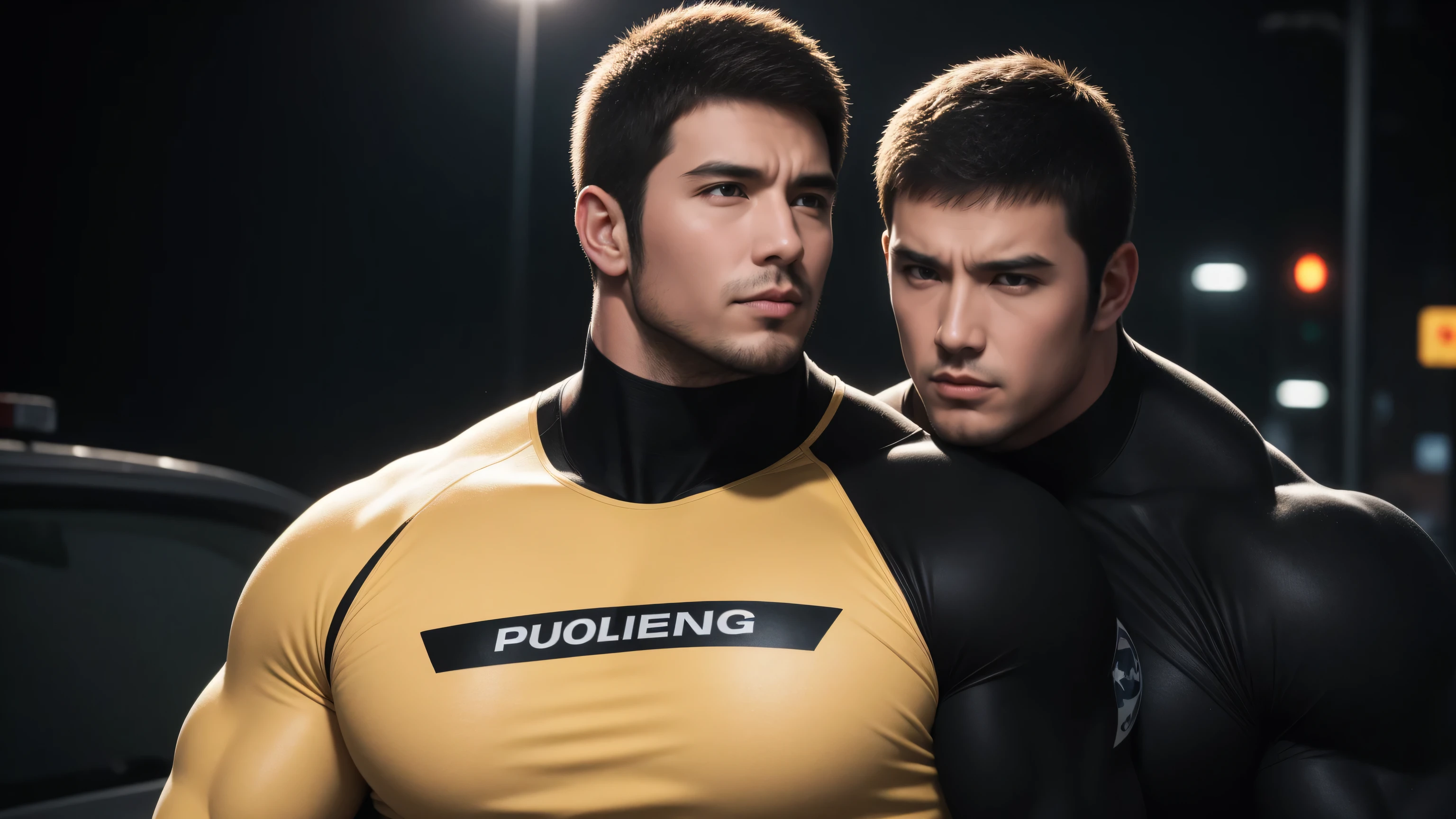 Super muscular man hugging, Open mouth and scream,Look at each other affectionately,They hugged each other affectionately,Buzz Cut,On the old-style outdoor street under the hot sun, Wear a long-sleeved, deep turtleneck bodysuit, Thickened warm elastic texture,Clothes are very dirty with mud stains,The expression is arrogant, Thick thighs, Messy hair, Thick thighs, High-necked long-sleeved dark yellow high-necked tights, very tight, Regular symmetrical pattern, Highlight muscles, Police uniform pants, character concept(Resident Evil - Chris Redfield, Chris Redfield)A proud expression, Deep and charming eyes, Heroic male pose, tall Burly, muscular!muscular thighs, tough guy, perfect facial features, High, Burly, Heqiang, Super polished and cool, High Resolution Committee, Charismatic, The sun is blazing, dazzling