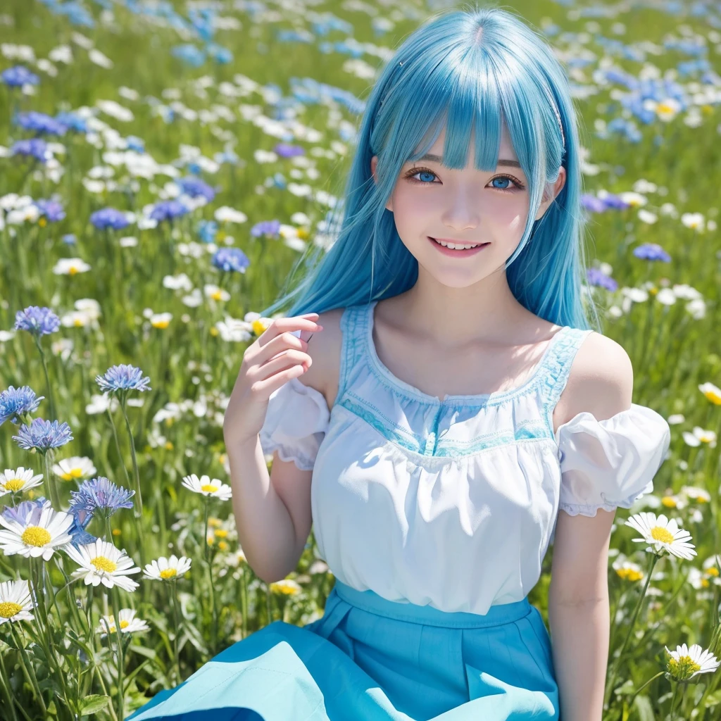 「 girl with blue hair、He has heterochromatic eyes, with a bright green right eye and a vibrant blue left eye.。hair should be shoulder-length、A style where the bangs are slightly over the forehead。Wearing a white blouse and a blue skirt。The background is a meadow with spring flowers。Smiling face。」high quality