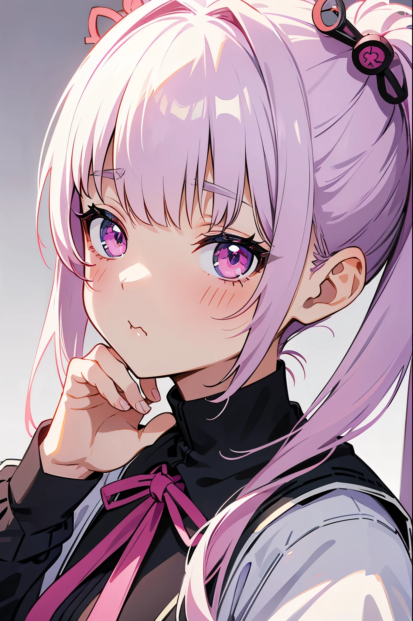 one girl, very beautiful face, beautiful eyes, detailed eyes, detailed face, detailed hair, masterpiece, anime girl, pink eyes, silver hair, , kawaii, two pony tails, very young, big , pixiv, illustration, very high quality, masterpiece, , pink cheeks, looks at you, pout, tsundere, cute pout, vtuber, mori calliope