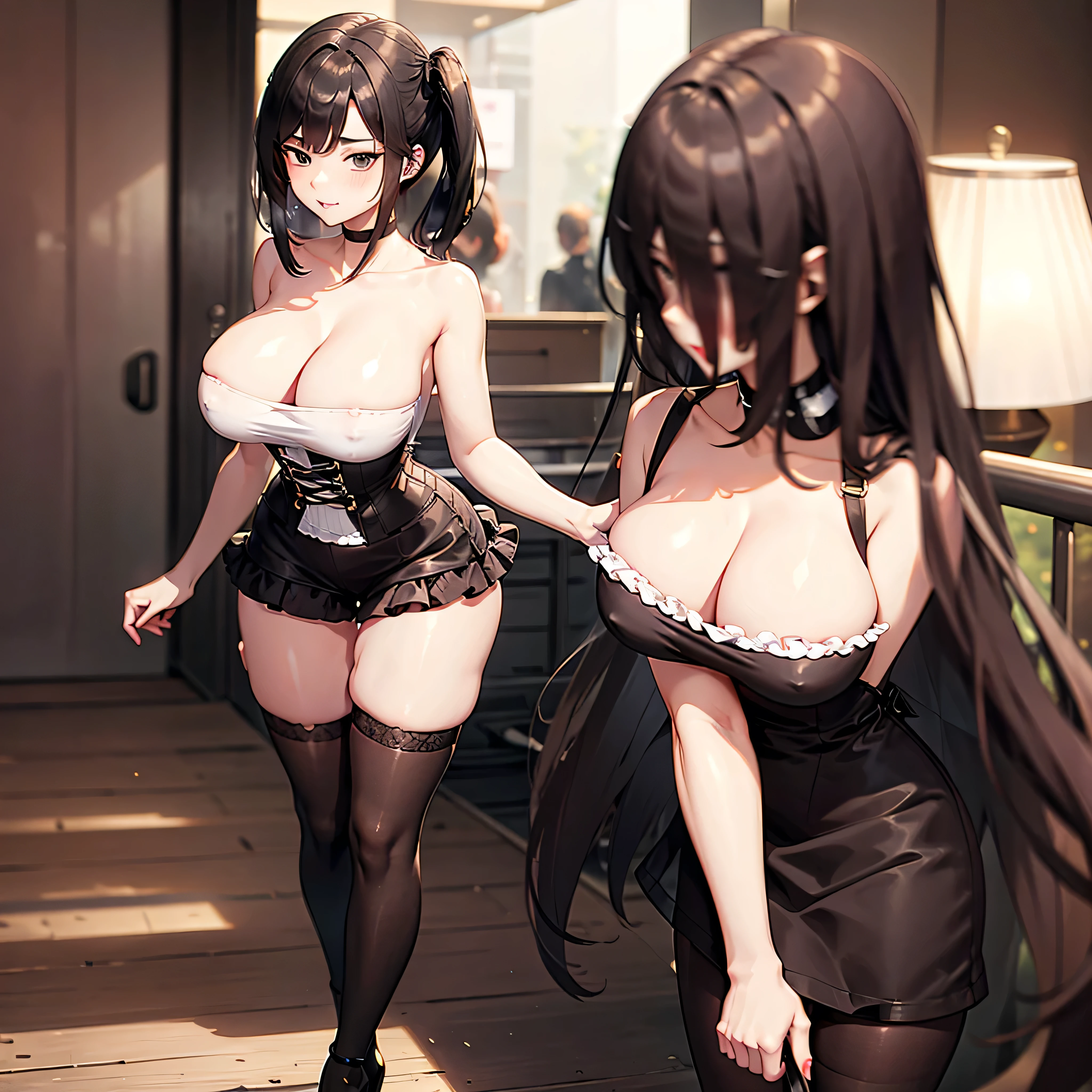 (solo), midage, (1 skinny girl standing), (bouncing huge breasts), very short torso, skinny narrow waist, skinny long legs, BREAK, frilled layered dress, cleavage, inconceivably wiry corset cinches waist too tight, (frilled too short skirt), (thigh gap), black thighhighs, stiletto heels, BREAK, orgasm, nose blush