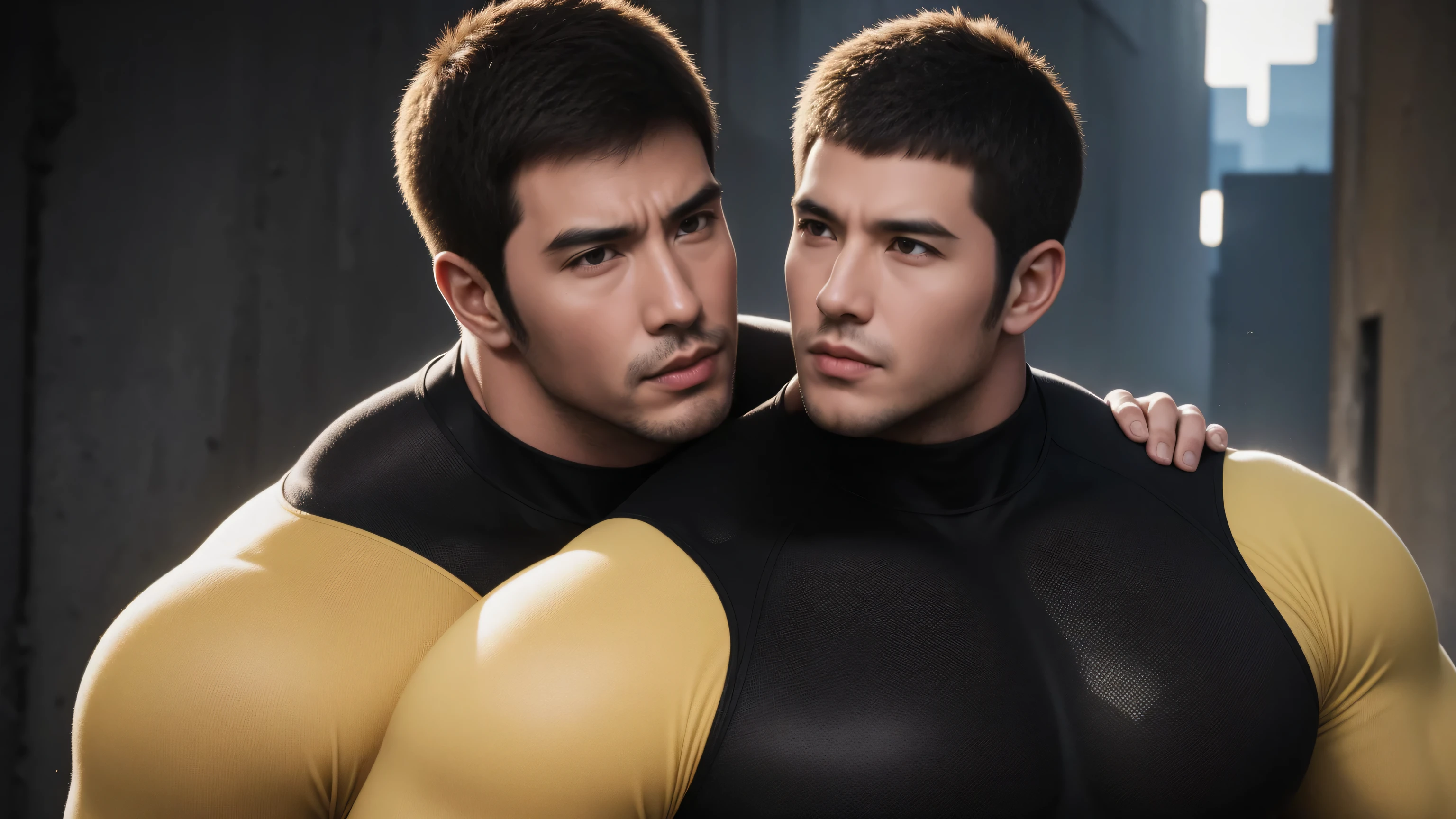Super muscular man hugging,  Open mouth and scream，Look at each other affectionately，They hugged each other affectionately，Buzz Cut，On the old-style outdoor street under the hot sun, Wear a long-sleeved, deep turtleneck bodysuit, Thickened warm elastic texture，Clothes are very dirty with mud stains，The expression is arrogant, Thick thighs, Messy hair, Thick thighs, High-necked long-sleeved dark yellow high-necked tights, very tight, Regular symmetrical pattern, Highlight muscles, Police uniform pants, character concept（Resident Evil - Chris Redfield, Chris Redfield）A proud expression, Deep and charming eyes, Heroic male pose, tall Burly, muscular！muscular thighs, tough guy, perfect facial features, High, Burly, Heqiang, Super polished and cool, High Resolution Committee, Charismatic, The sun is blazing, dazzling