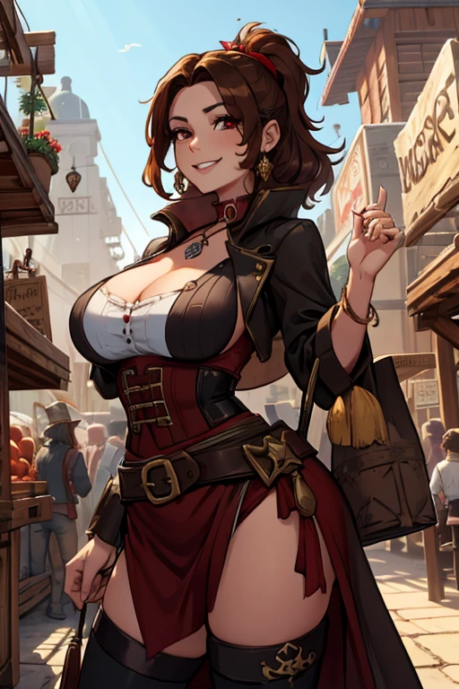 A brown haired woman with red eyes with an hourglass figure in a pirate's outfit is shopping in the market with a big smile in a pirate city