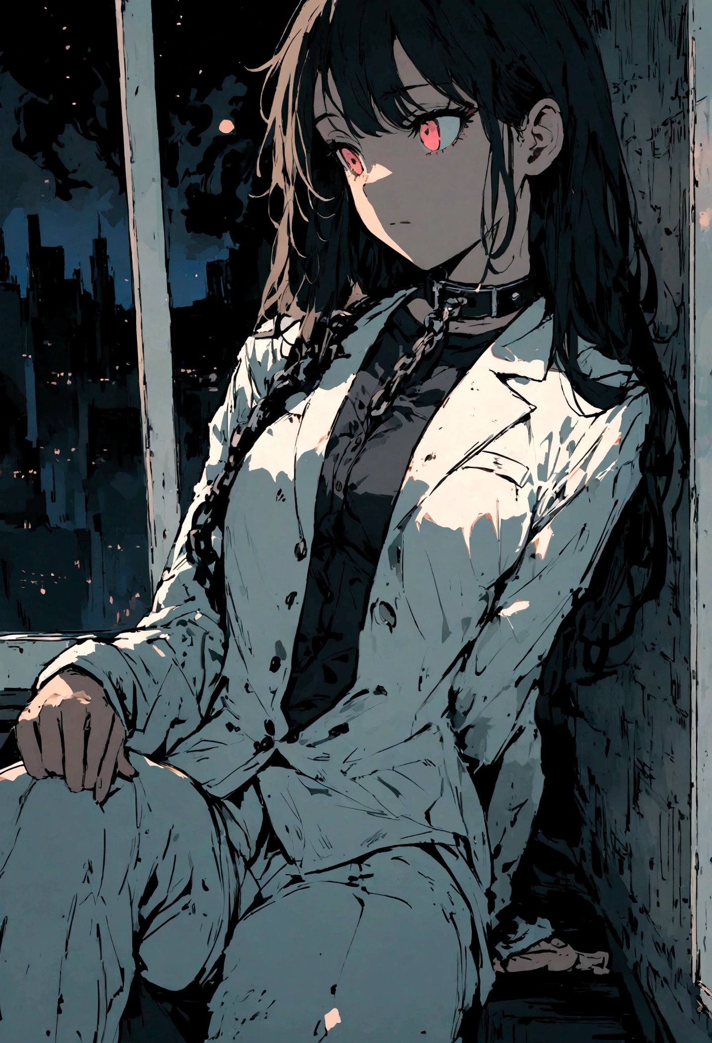 a woman drawn in anime style, black shoulder length hair, black buttonup shirt withthe top few buttons unbottende showing the inner sides of her  all with smal blood stains here and there but not any sign of injury, white suit pants also with bloodstains here and there, a collar looking somehwat reminicent of a belt around her throat with a chain connecting to it ledding away, she is sitting leaning her back against a bed with a window in the backround looking out on the city at night