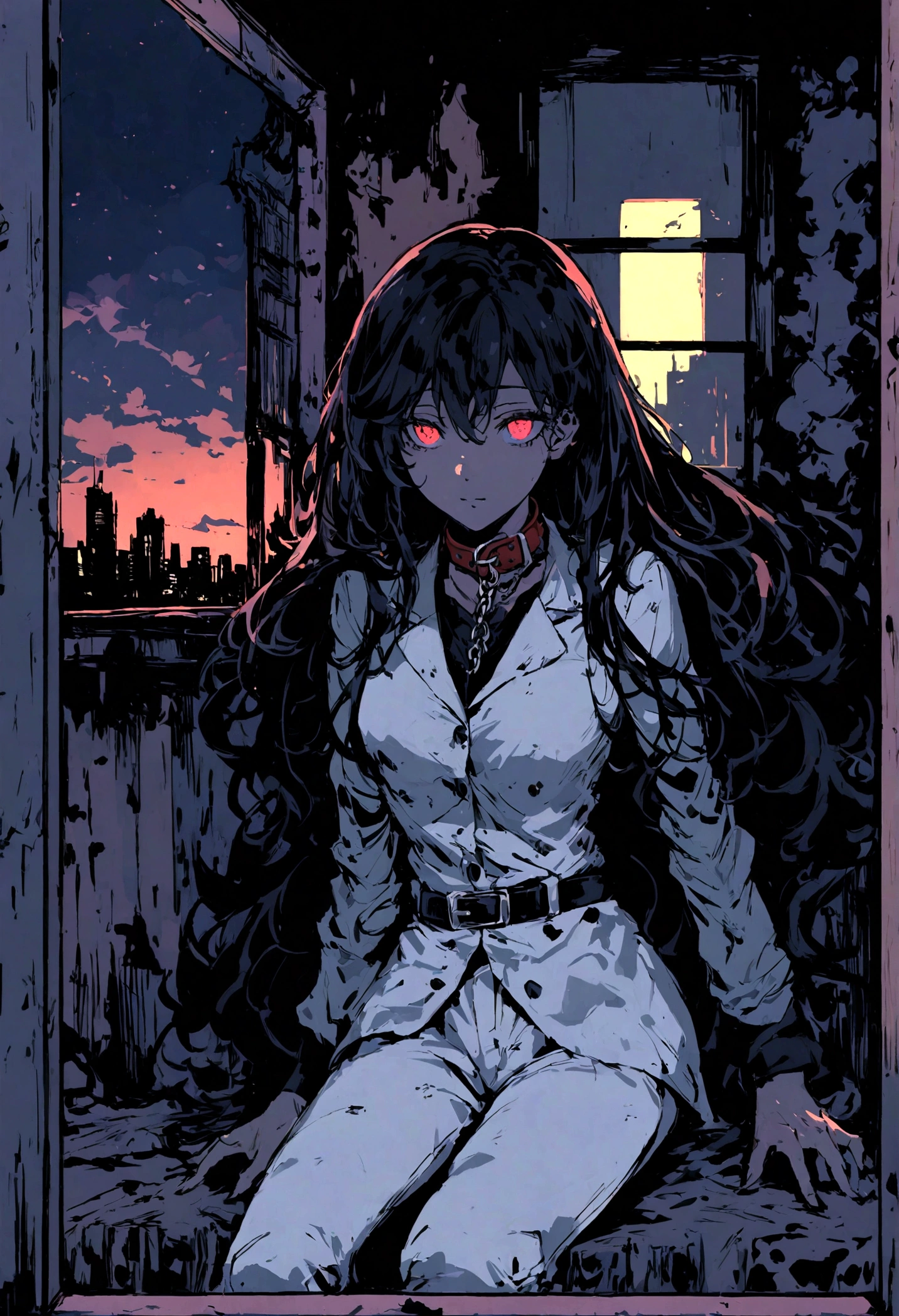 a woman drawn in anime style, black shoulder length hair, black buttonup shirt withthe top few buttons unbottende showing the inner sides of her  all with smal blood stains here and there but not any sign of injury, white suit pants also with bloodstains here and there, a collar looking somehwat reminicent of a belt around her throat with a chain connecting to it ledding away, she is sitting leaning her back against a bed with a window in the backround looking out on the city at night