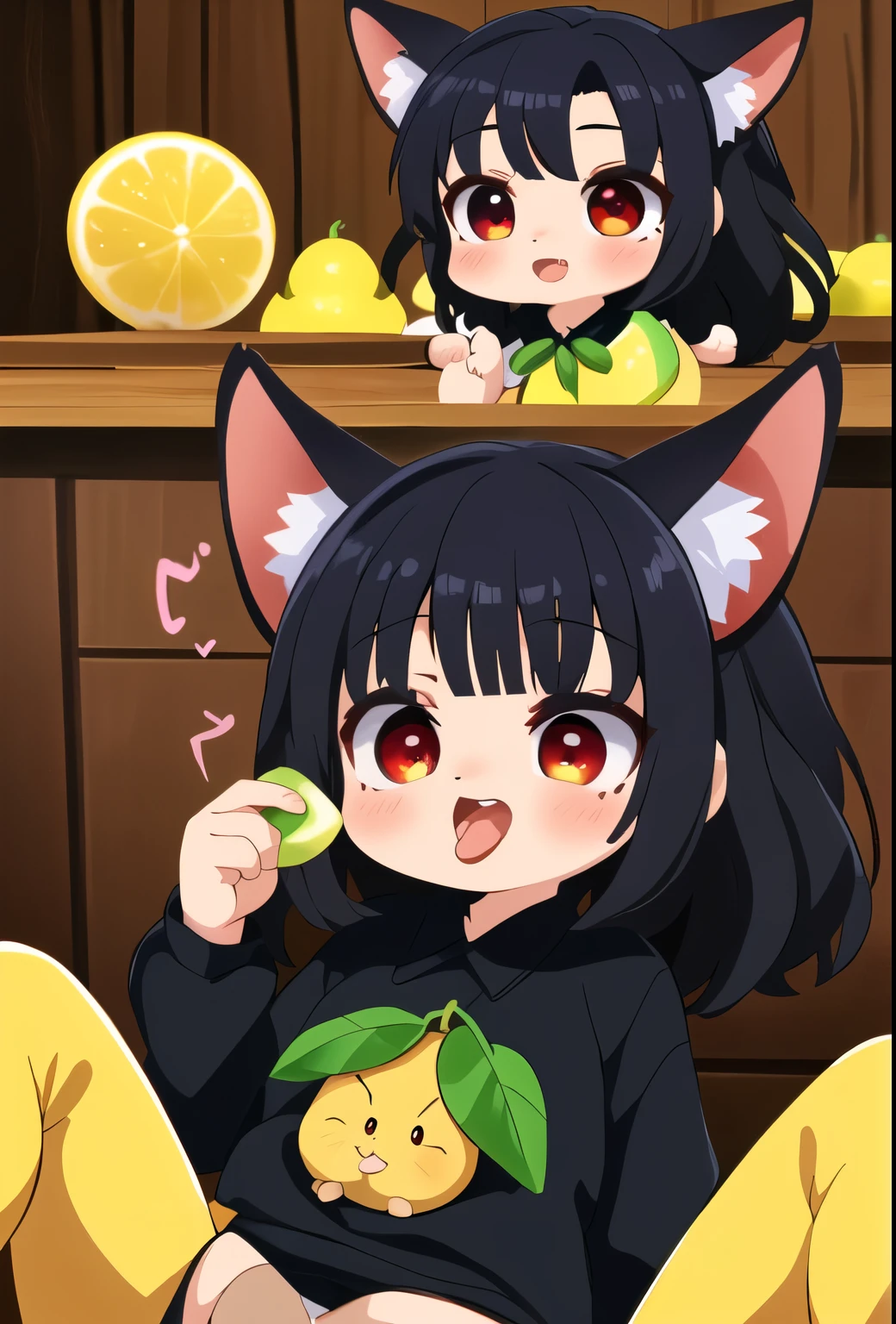 puntaje_9, puntaje_8_arriba, puntaje_7_arriba, fuente_animado, fondo sencillo, Fondo blanco, 2 ago, multiple views, chibi, solo, 1 chica, (junkotvv pelo negro con flequillo, orejas de gato, ojos rojos), htcerberus, Lengua fuera, sosteniendo fruta, rodaja de limon, pelo blanco, Cabello largo recogido bajo, orejas de animales, camisa roja, mangas largas, Liga de brazo, guantes negros, Chaleco negro
