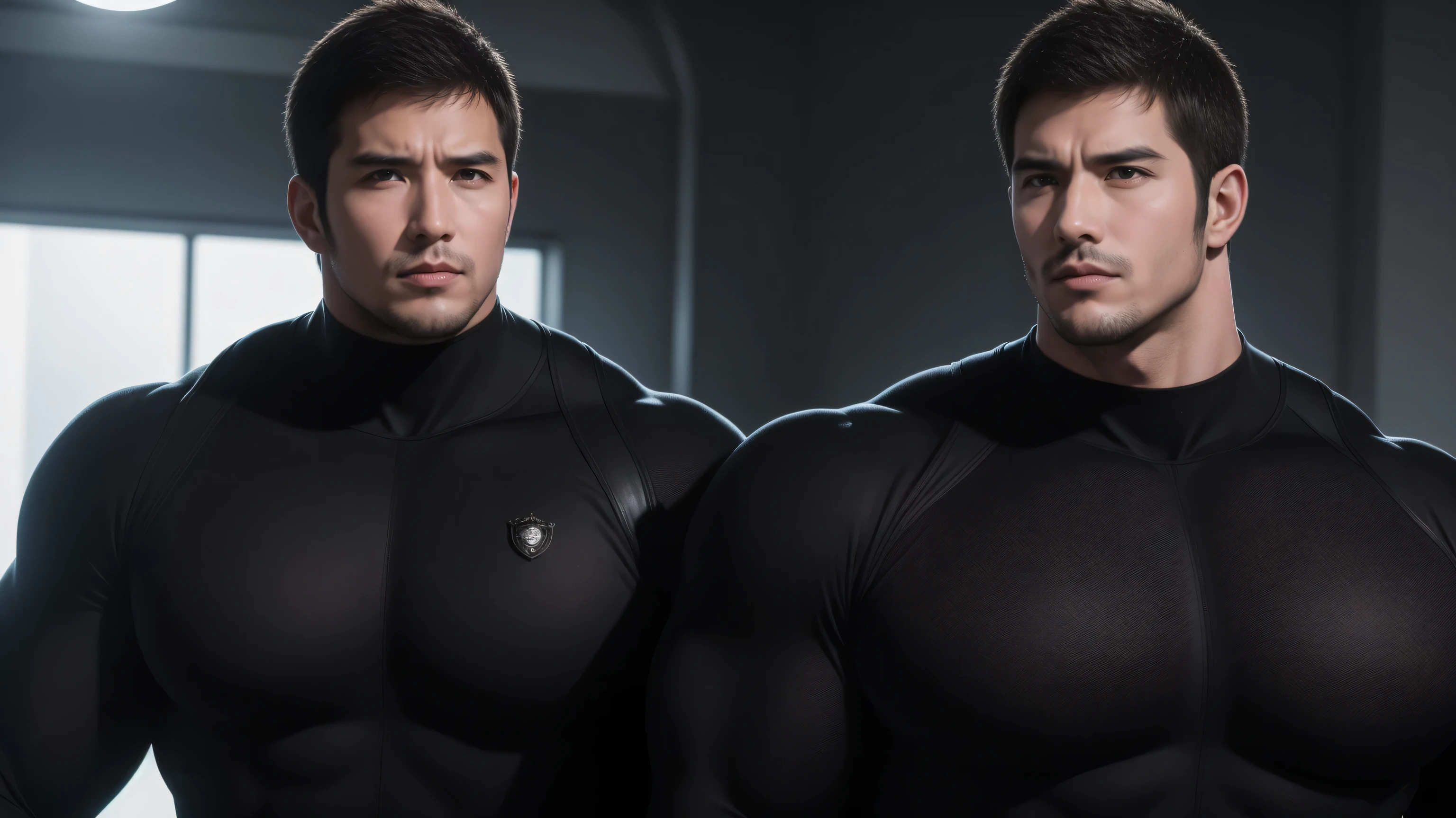 Super muscular man hugging,  Open mouth and scream，Look at each other affectionately，They hugged each other affectionately，Buzz Cut，On the old-style outdoor street under the hot sun, Wear a long-sleeved, deep turtleneck bodysuit, Thickened warm elastic texture，Clothes are very dirty with mud stains，The expression is arrogant, Thick thighs, Messy hair, Thick thighs, High-necked long-sleeved dark yellow high-necked tights, very tight, Regular symmetrical pattern, Highlight muscles, Police uniform pants, character concept（Resident Evil - Chris Redfield, Chris Redfield）A proud expression, Deep and charming eyes, Heroic male pose, tall Burly, muscular！muscular thighs, tough guy, perfect facial features, High, Burly, Heqiang, Super polished and cool, High Resolution Committee, Charismatic, The sun is blazing, dazzling