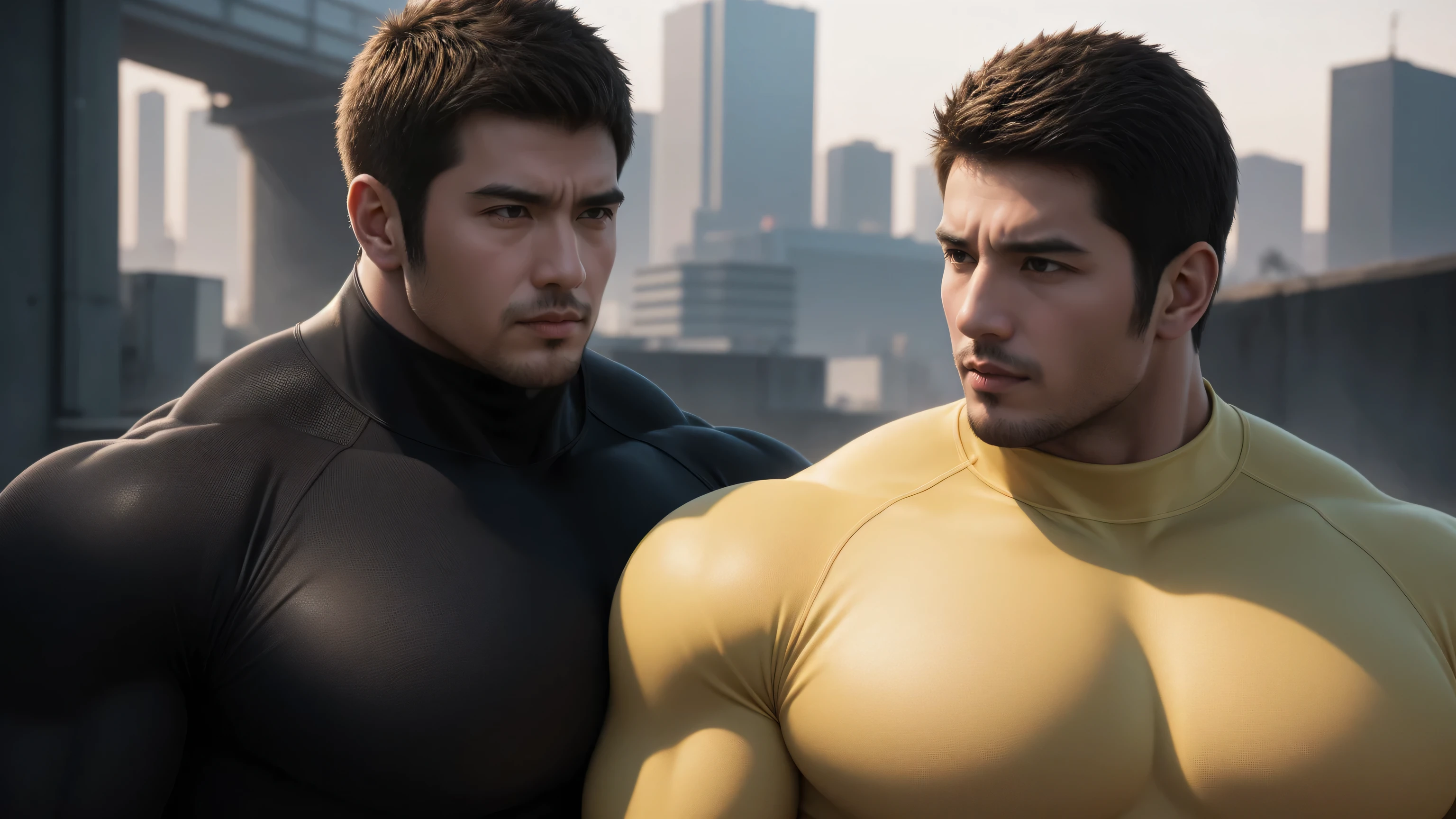 Super muscular man hugging, Open mouth and scream,Look at each other affectionately,They hugged each other affectionately,Buzz Cut,On the old-style outdoor street under the hot sun, Wear a long-sleeved, deep turtleneck bodysuit, Thickened warm elastic texture,Clothes are very dirty with mud stains,The expression is arrogant, Thick thighs, Messy hair, Thick thighs, High-necked long-sleeved dark yellow high-necked tights, very tight, Regular symmetrical pattern, Highlight muscles, Police uniform pants, character concept(Resident Evil - Chris Redfield, Chris Redfield)A proud expression, Deep and charming eyes, Heroic male pose, tall Burly, muscular!muscular thighs, tough guy, perfect facial features, High, Burly, Heqiang, Super polished and cool, High Resolution Committee, Charismatic, The sun is blazing, dazzling