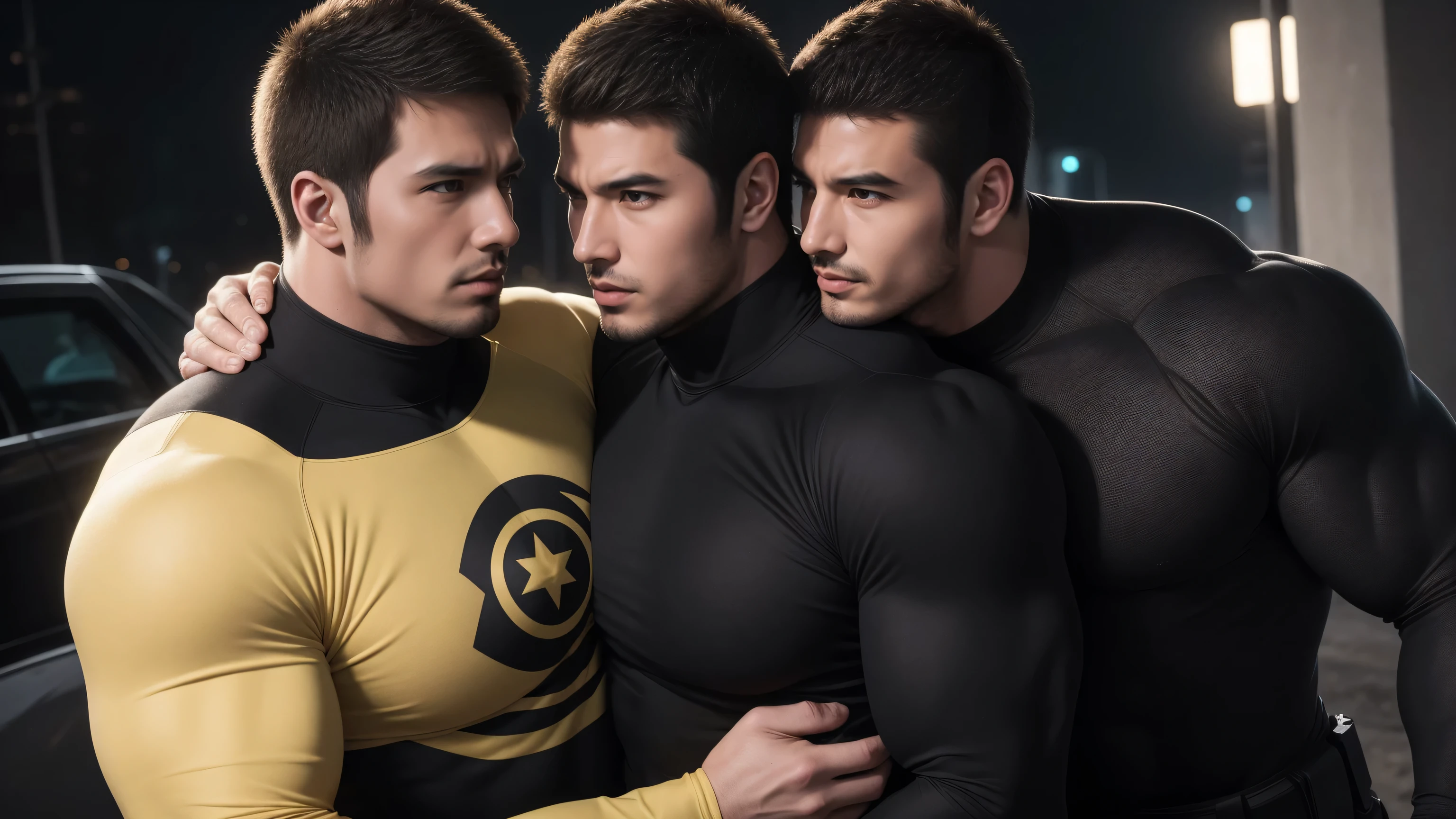 Super muscular man hugging, Open mouth and scream,Look at each other affectionately,They hugged each other affectionately,Buzz Cut,On the old-style outdoor street under the hot sun, Wear a long-sleeved, deep turtleneck bodysuit, Thickened warm elastic texture,Clothes are very dirty with mud stains,The expression is arrogant, Thick thighs, Messy hair, Thick thighs, High-necked long-sleeved dark yellow high-necked tights, very tight, Regular symmetrical pattern, Highlight muscles, Police uniform pants, character concept(Resident Evil - Chris Redfield, Chris Redfield)A proud expression, Deep and charming eyes, Heroic male pose, tall Burly, muscular!muscular thighs, tough guy, perfect facial features, High, Burly, Heqiang, Super polished and cool, High Resolution Committee, Charismatic, The sun is blazing, dazzling
