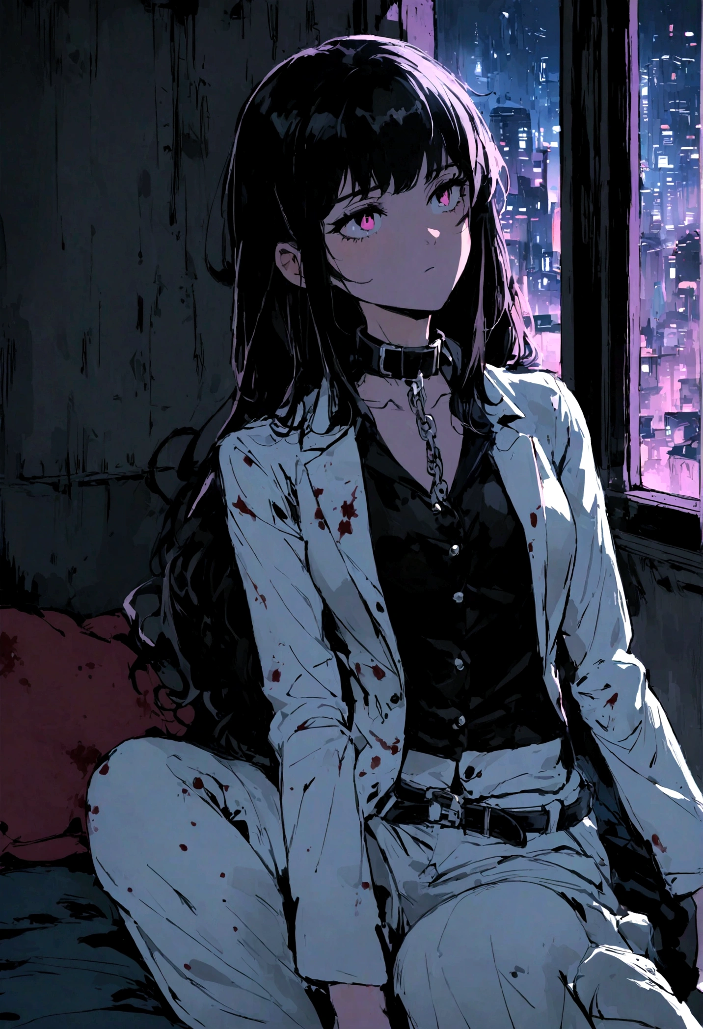 a woman drawn in anime style, black shoulder length hair, black buttonup shirt withthe top few buttons unbottende showing the sides of her smal all with smal blood stains here and there but not any sign of injury, white suit pants also with bloodstains here and there, a collar looking somehwat reminicent of a belt around her throat with a chain connecting to it ledding away, she is sitting leaning her back against a bed with a window in the backround looking out on the city at night