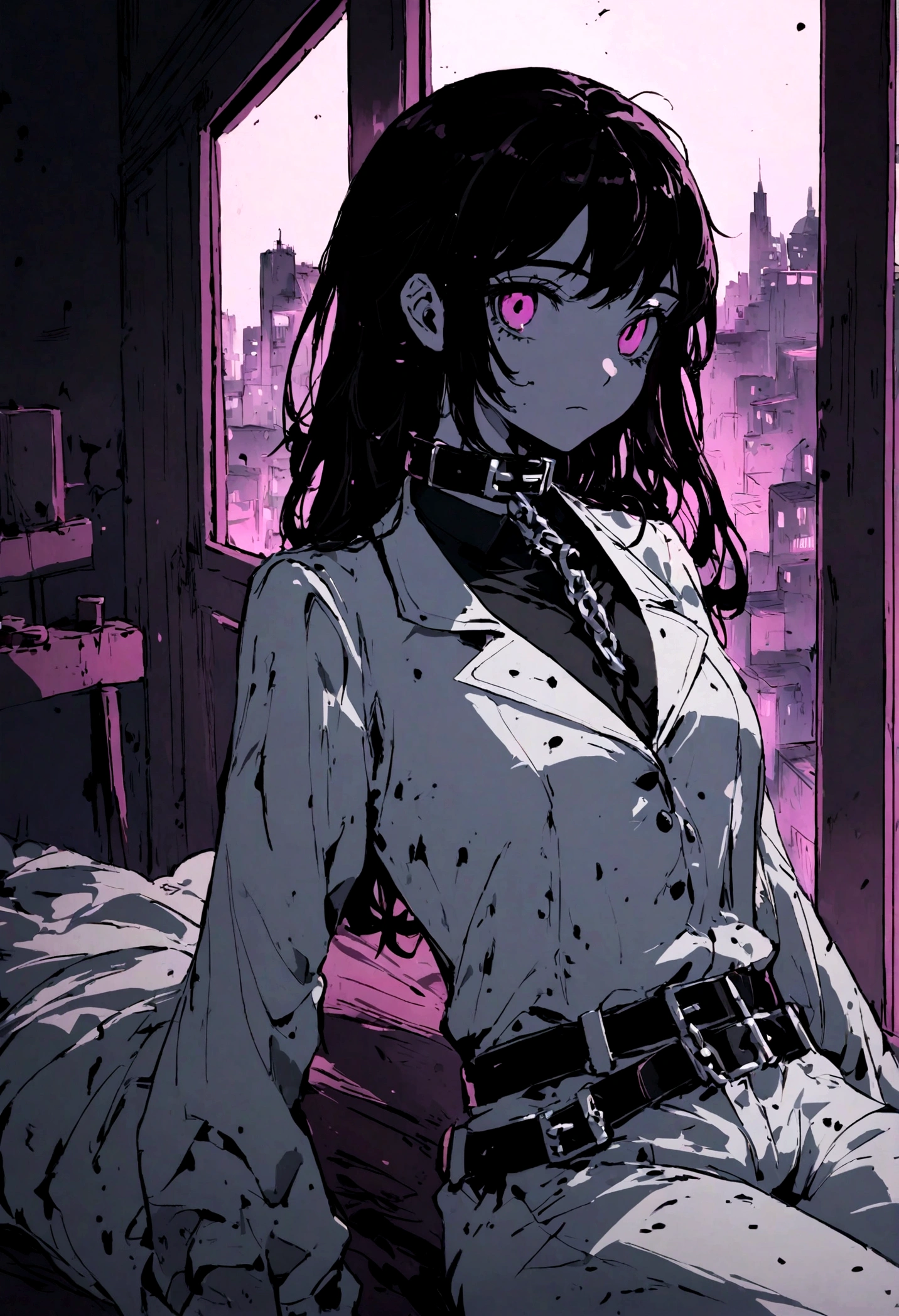 a woman drawn in anime style, black shoulder length hair, black buttonup shirt withthe top few buttons unbottende showing the sides of her smal  all with smal blood stains here and there but not any sign of injury, white suit pants also with bloodstains here and there, a collar looking somehwat reminicent of a belt around her throat with a chain connecting to it ledding away, she is sitting leaning her back against a bed with a window in the backround looking out on the city at night