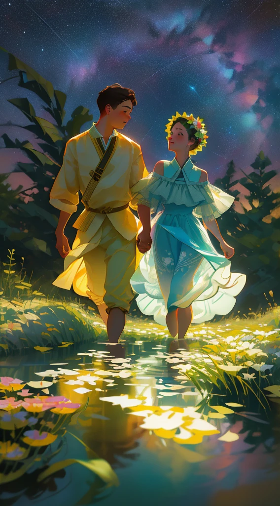 Masterpiece, high quality, guy and girl holding hands, Ukrainian symbols, Ukrainian national costumes, boho style, in transparent, waist-deep water, neon garland, nights, neon lights, romance, happiness, love, lovers, holiday, plants, starry sky, galaxies, magic around them, magic, Flowers, fern, beautiful sunset, fun, flower arrangements, wreaths of flowers on the head, river, forest, flower meadow, willow, willow willow trees, 8k, multicolored, full color pattern,