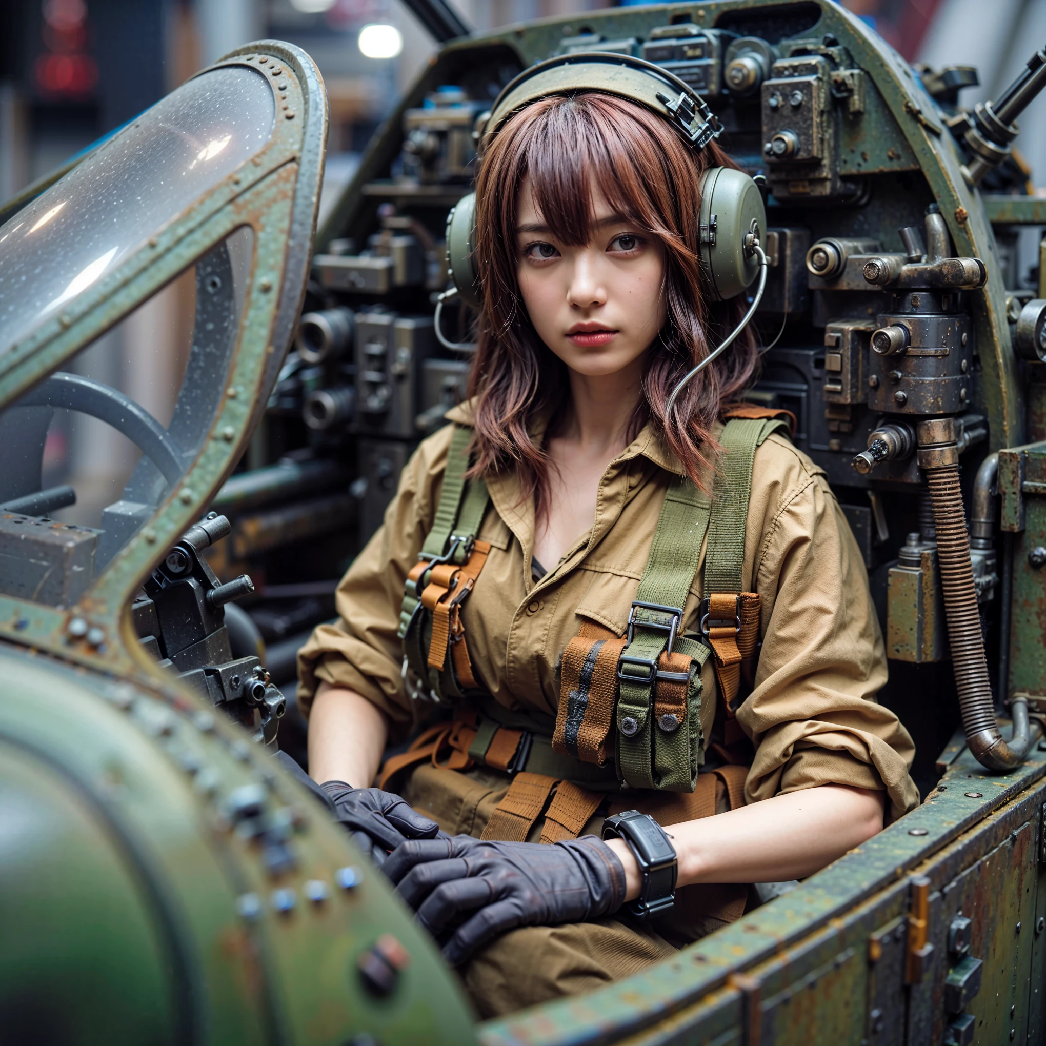 ultra high res,8k,(Photorealsitic:1.4), (beast-like animal wear:1.2), designed by Hajime Katoki,heavy weapons,metallic textures,animal legs, (red hair), japanese female soldier,(ultra beautiful face),((super realistic all textures)), ((super intricate all details)), full body shot, ultra sharp photo result, Acrylic Clear Cover, Hydraulic cylinder, style, taken with Fuji film X-T30+Nokton. HDR10,Minimum of 4 pieces created