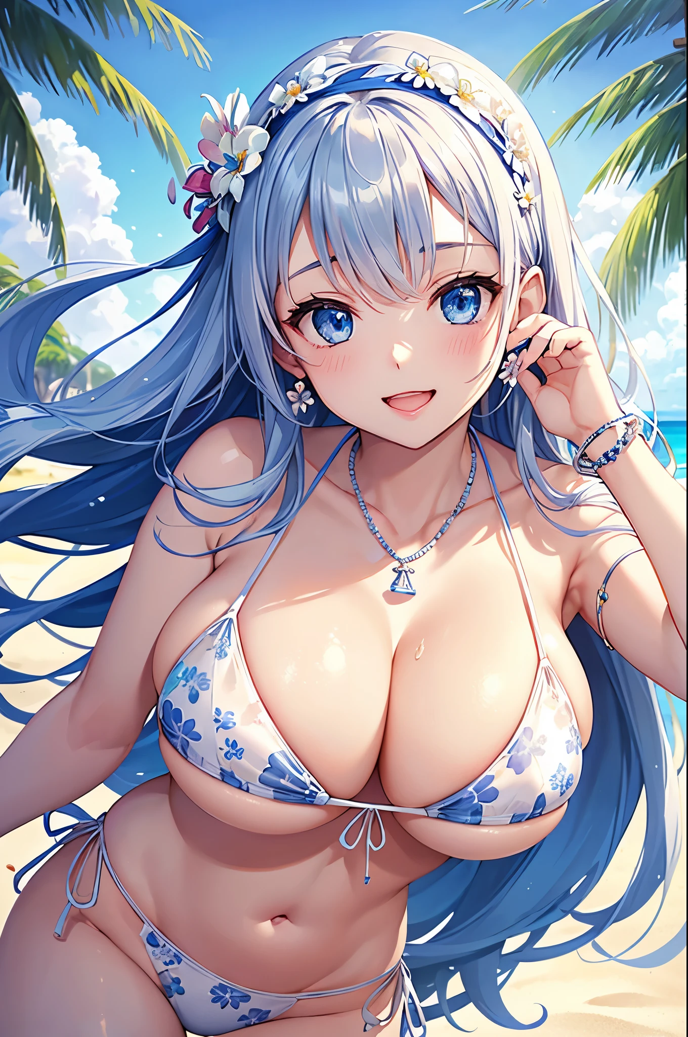 highest quality、highest quality、masterpiece、beautiful girl、Navy blue long hair、blue eyes、(Sexy white floral bikini:1.3)、Big cleavage、(Big Breasts)、smile、blue necklace、Blue Earrings、background(Beach)、Please open your mouth wide、White headband、bracelet、Dynamic pose