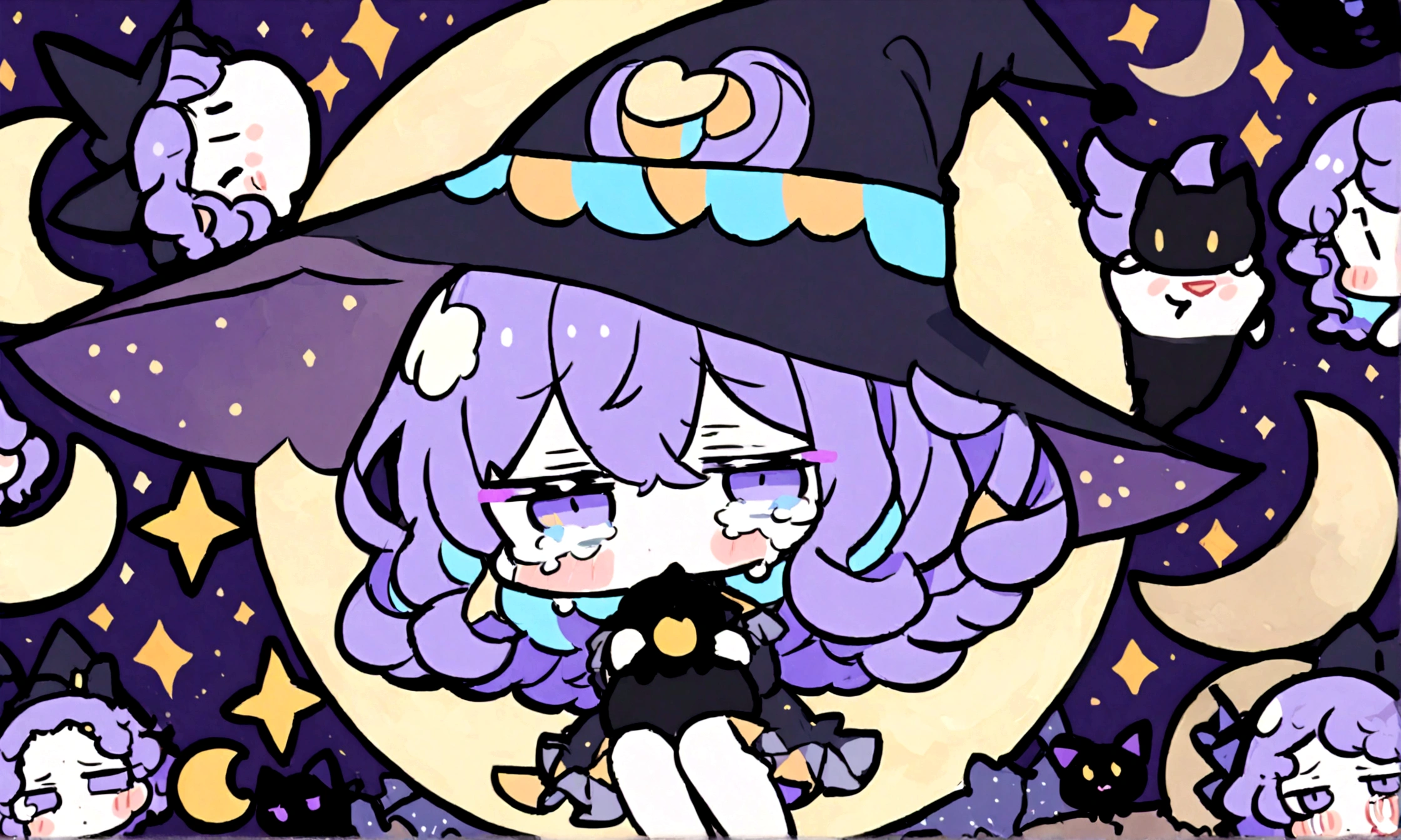 a sad little chibi witch with glasses on sitting on a crescent moon, has purple curly hair, is beautiful, gorgeous, perfect, crying, has a witches hat on, has a black cat
